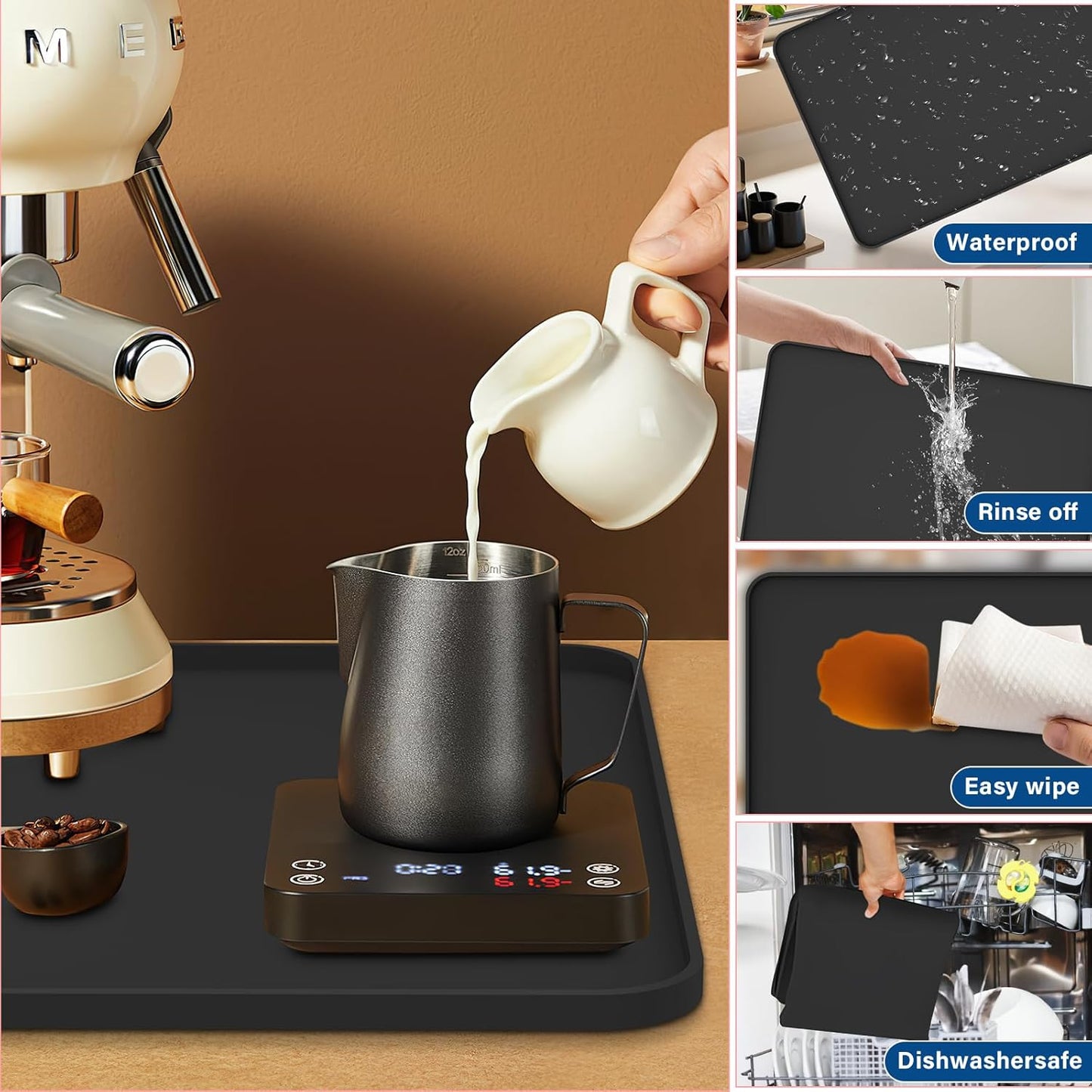 Silicone Coffee Maker Mat for Coffee Bar (19" x 12"), Non-Slip Espresso Machine Mat with 0.44" Raised Edges, Waterproof Coffee Bar Accessories & Countertop Protector, Heat Resistant & Dishwasher Safe