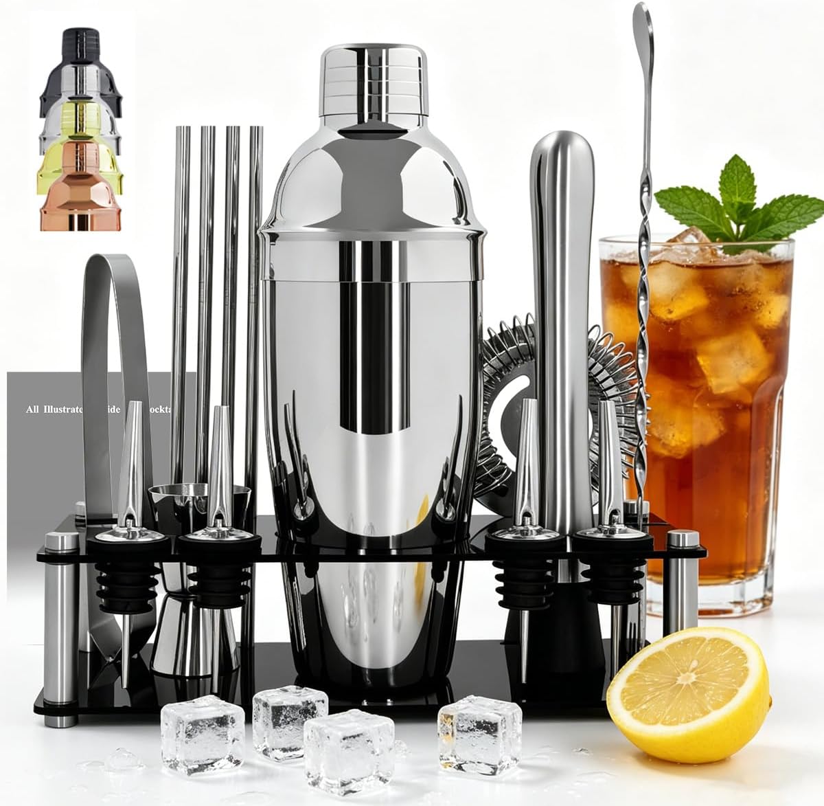 14-Piece Cocktail Shaker Set Bartender Kit with Black Stand, Bar Tool Set for Drink Mixing Bartending Kit Bar Sets Accessories: 750ml(25oz) Shaker, Jigger, Muddler, Cocktail Recipes (Silver)