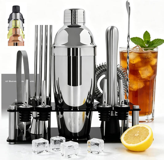 14-Piece Cocktail Shaker Set Bartender Kit with Black Stand, Bar Tool Set for Drink Mixing Bartending Kit Bar Sets Accessories: 750ml(25oz) Shaker, Jigger, Muddler, Cocktail Recipes (Silver)