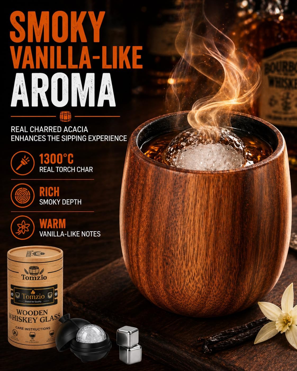 Charred Wooden Bourbon Drinking Glass Set,USA Design 11oz Handcrafted Premium Acacia Whiskey Tumbler, 2 Stones & 1 Ice Ball Molds,Charred Old Fashioned Glass,Unique Bourbon Gifts for (1 Pack Charred)