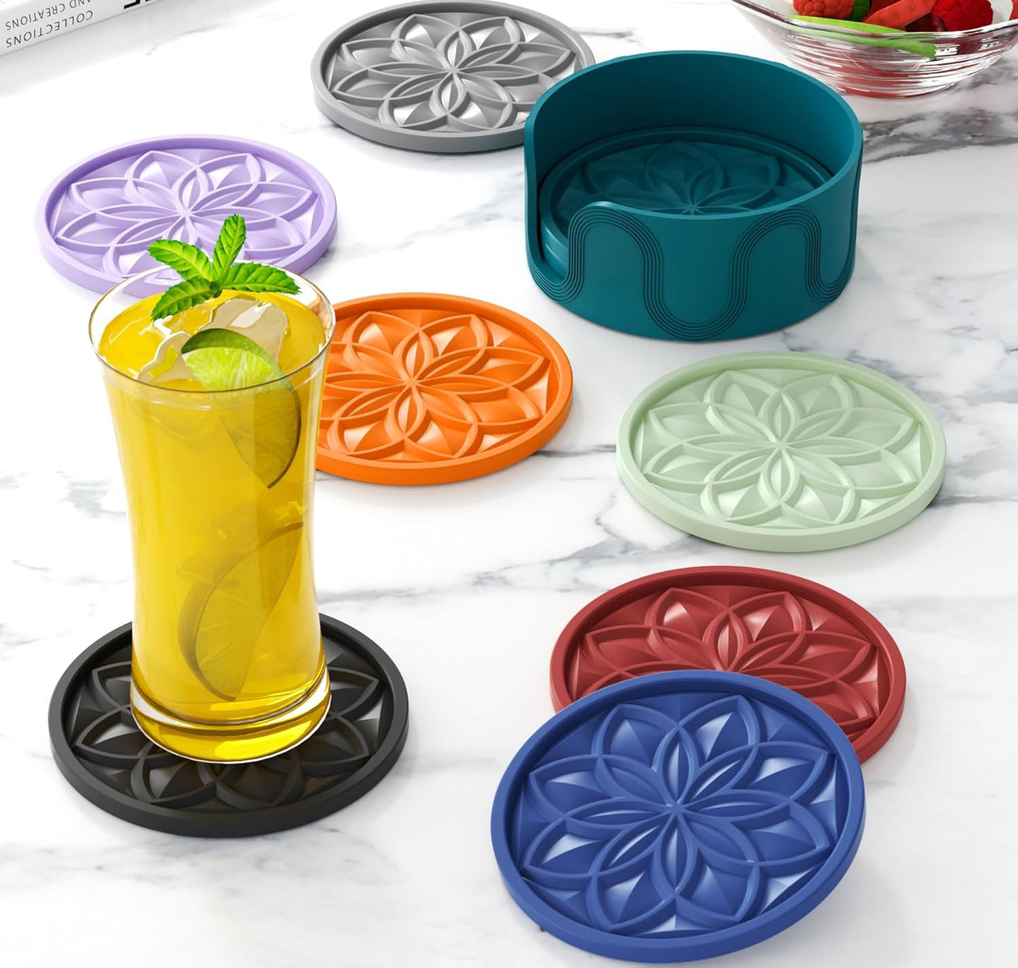 HFHOME Silicone Coasters Set for Drinks - 6 Pack With Holder, Table Cup Mat for Coffee Table, Desk, Bar - Tabletop Protection Gift - Nyanza Green
