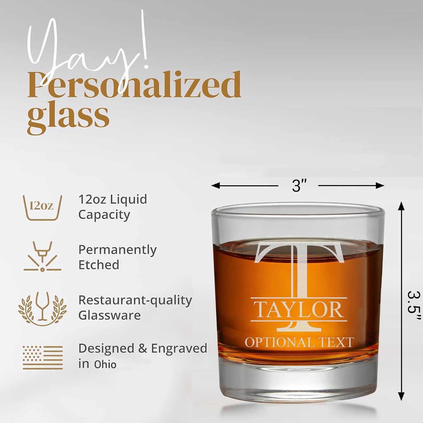 Personalized Whiskey Glass Engraved with Your Custom Text - Etched 12oz Bourbon Glass for Cocktails, Customized Gift For Men Him Husband Birthday, Your Text Here (Personalized, Old Fashioned Glass)