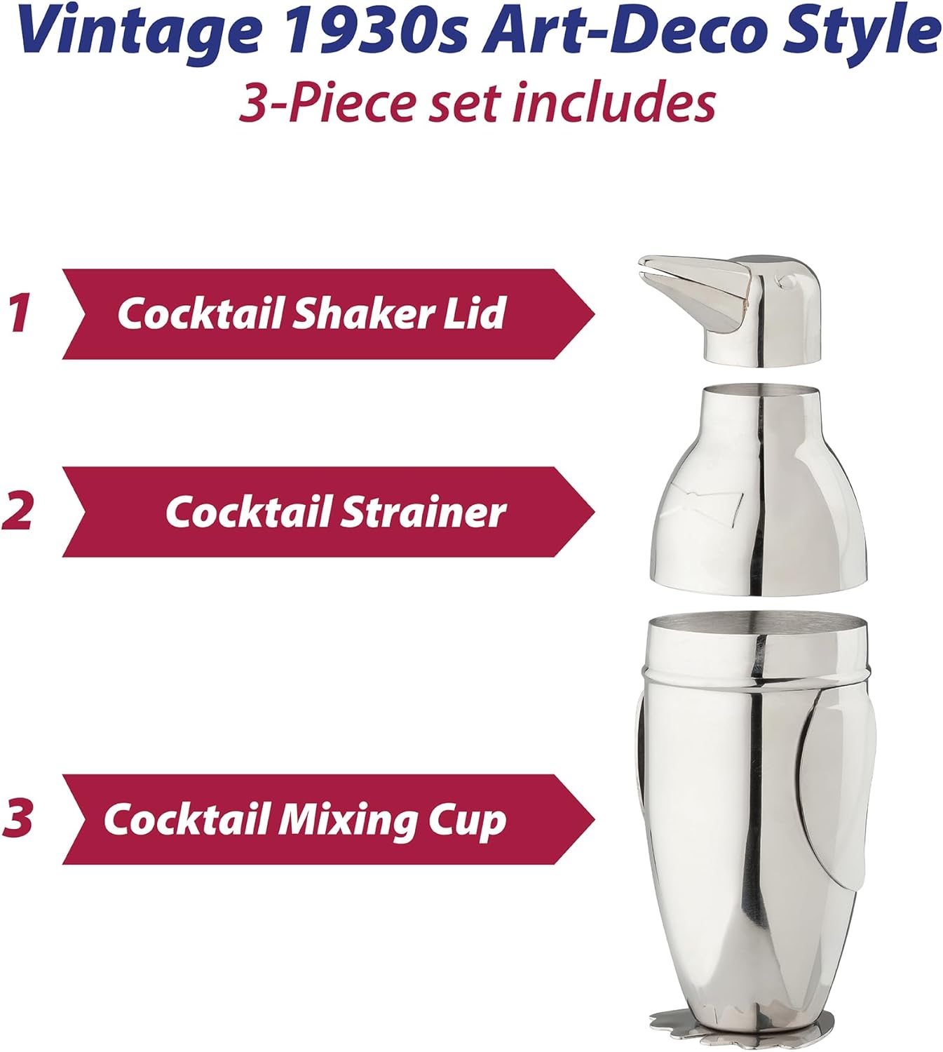 HIC Kitchen Bar Penguin Cocktail Shaker, 18/8 Stainless Steel, Mirror Finish, 3-Piece Set, Holds 18-Ounces