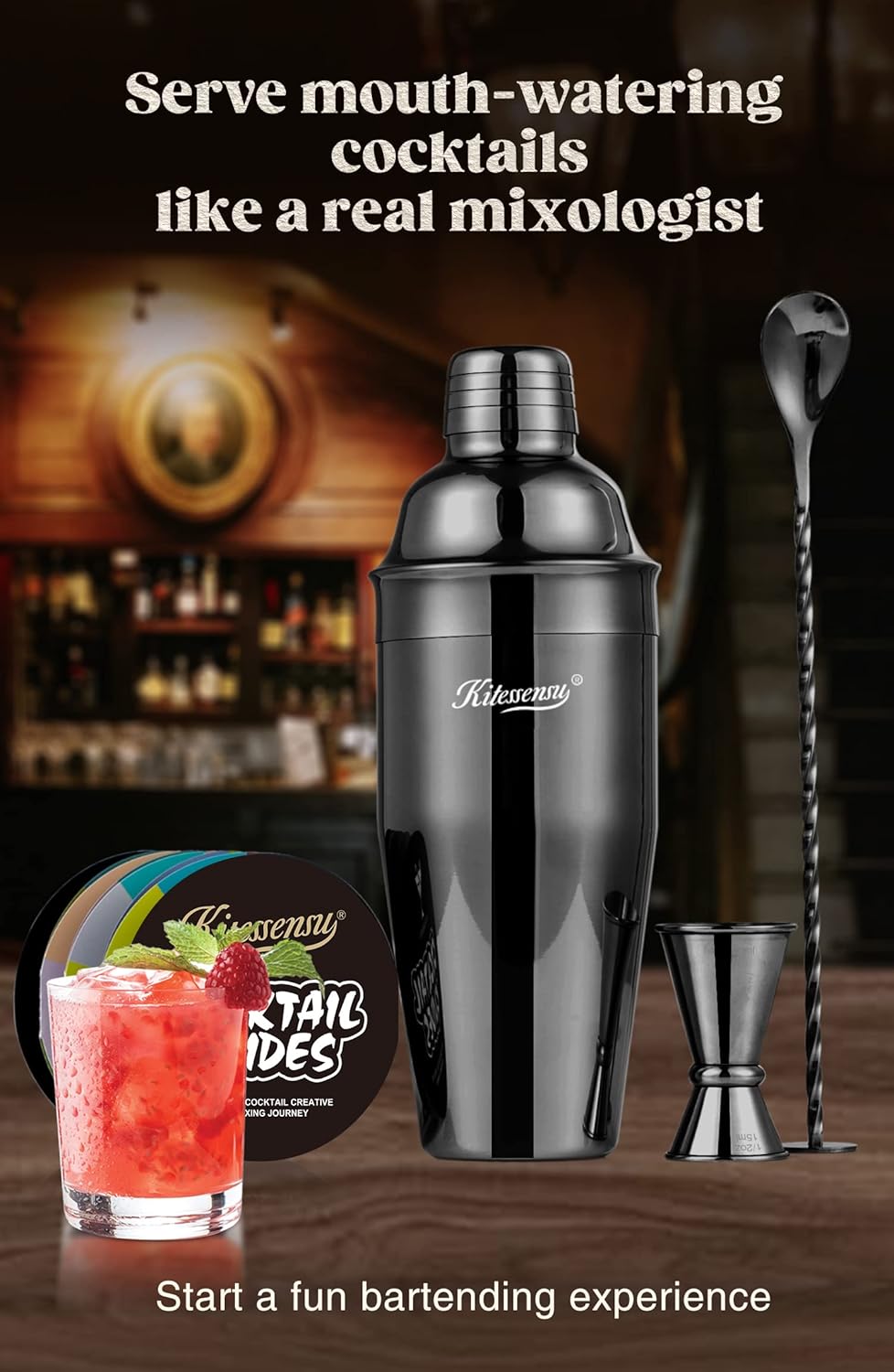 KITESSENSU Cocktail Shaker Set, Stainless Steel Martini Shaker Set with 24 Ounce Cocktail Mixer with Drink Shaker, Measuring Jigger, Bar Spoon & Drink Recipe Guide, Black
