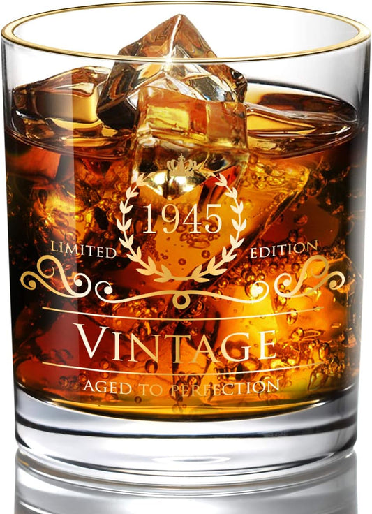 1945 80th Birthday Gifts for Men/Dad/Son, Vintage Unfading 24K Gold Hand Crafted Old Fashioned Whiskey Glasses, Perfect for Gift and Home Use - 10 oz Bourbon Scotch, Party Decorations