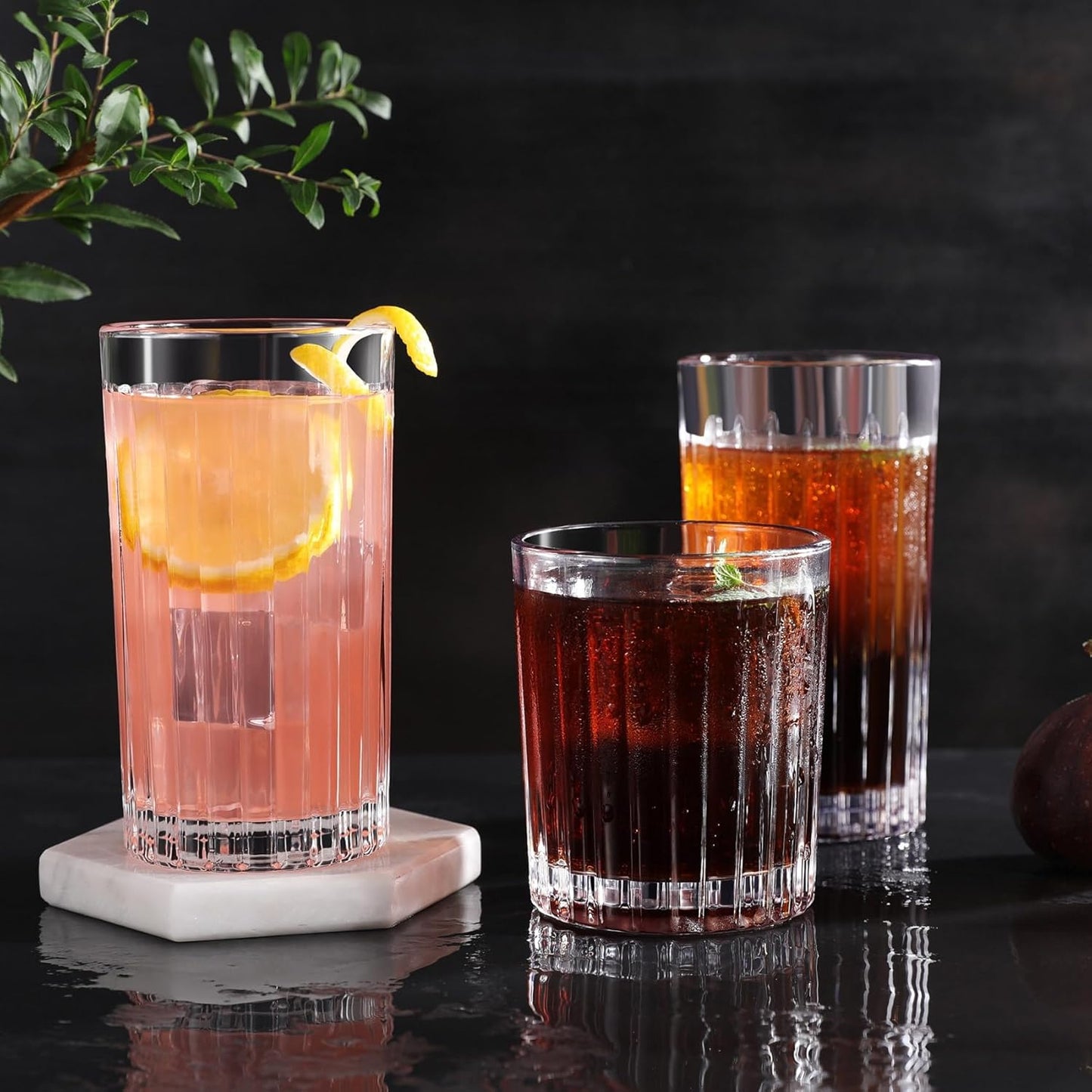 Royalrose Premium VertiLine 13.5oz Highball Glasses, 6pc Tall Glass Sets. Lead-Free Crystal Drinking Glasses. Water Glasses, Mojito Glass Cups, and Mixed Drink Cocktail Glass Set. (Tall glasses)