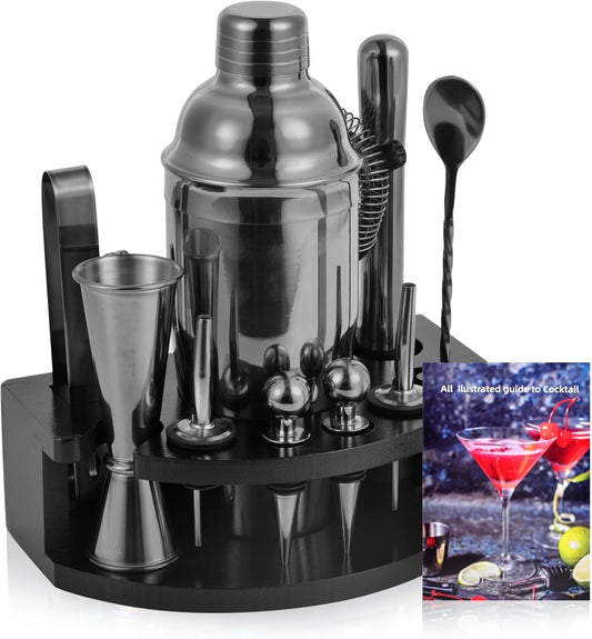 Safring Bartender Kit with Stand, 12-Piece Bar Set | 24oz Cocktail Shaker Set for Drink Mixing, Martini Shaker Set with Bar Tools, Recipes Booklet | Fun Housewarming Gift (Black)