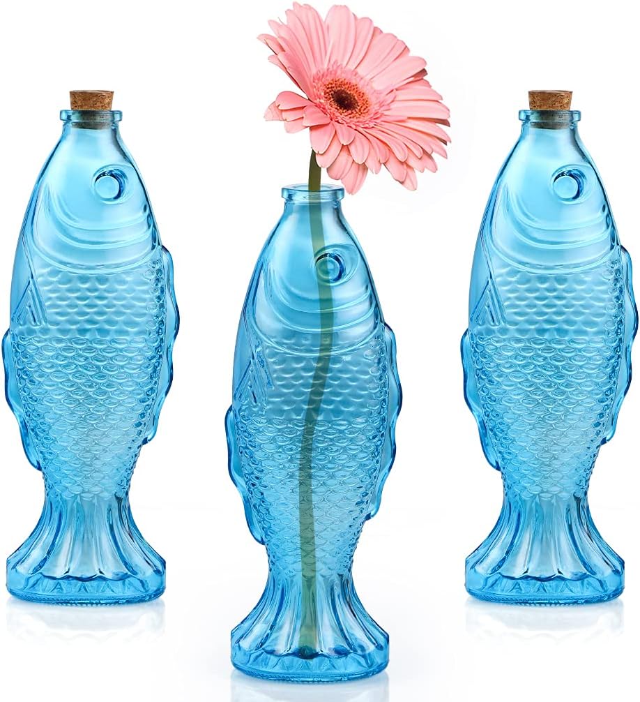 MDLUU 3-Pack Fish Shaped Glass Bottles, Decorative Bottles with Cork Stopper, Fish Decanters for Gift, Bar, Home Decor, Capacity 500ml/17.5oz (Blue)