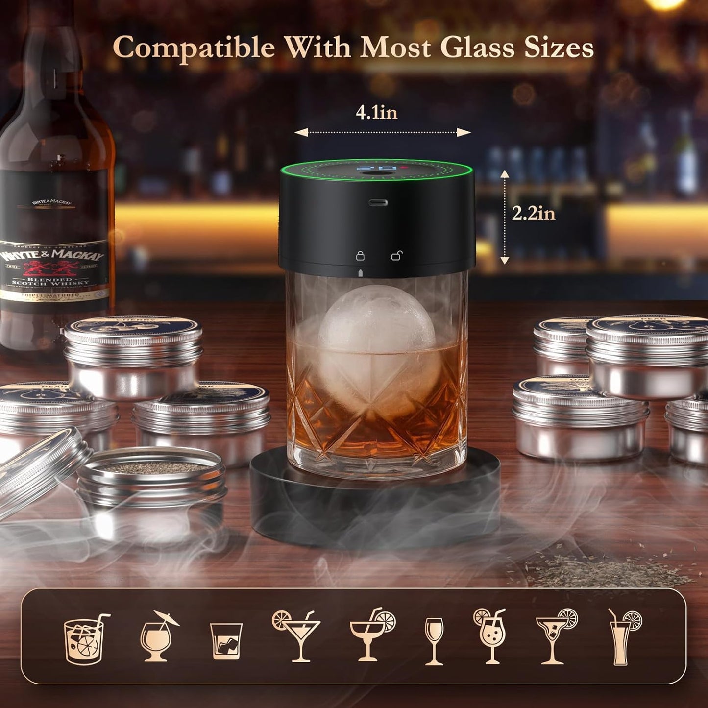 Electric Whiskey Smoker Kit-Rechargeable Cocktail Smoker Set with 6 Wood Chips-Unique Bourbon Ideal Christmas, Birthday, Valentine's Day Gift,Gifts for Men, Dad, Husband