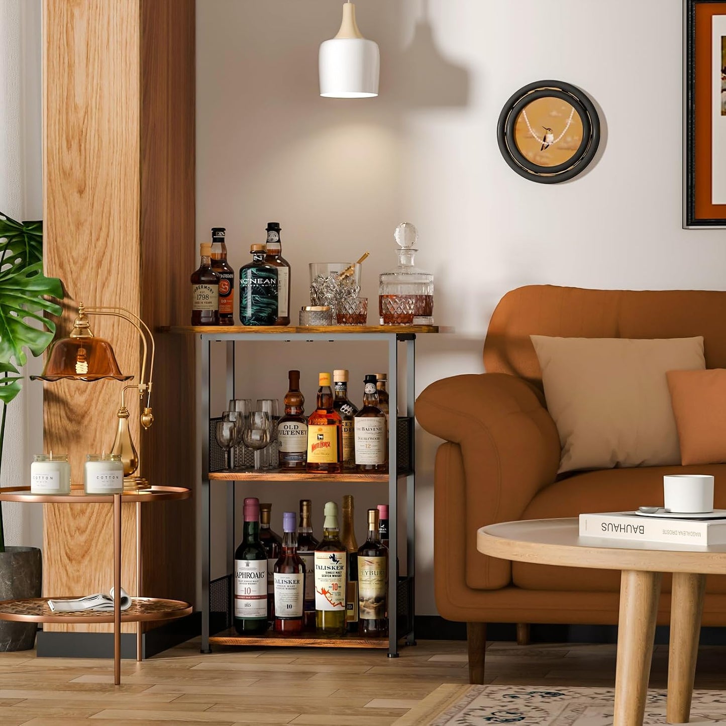 Eyteenokk Floor Standing Freestanding Whiskey Rack: 3 Tier Wine Rack Mini Bar Table Corner Wine Bottle Display Stand Liquor Cabinet Bar, for Bottles,Cocktail Shaker,Mugs