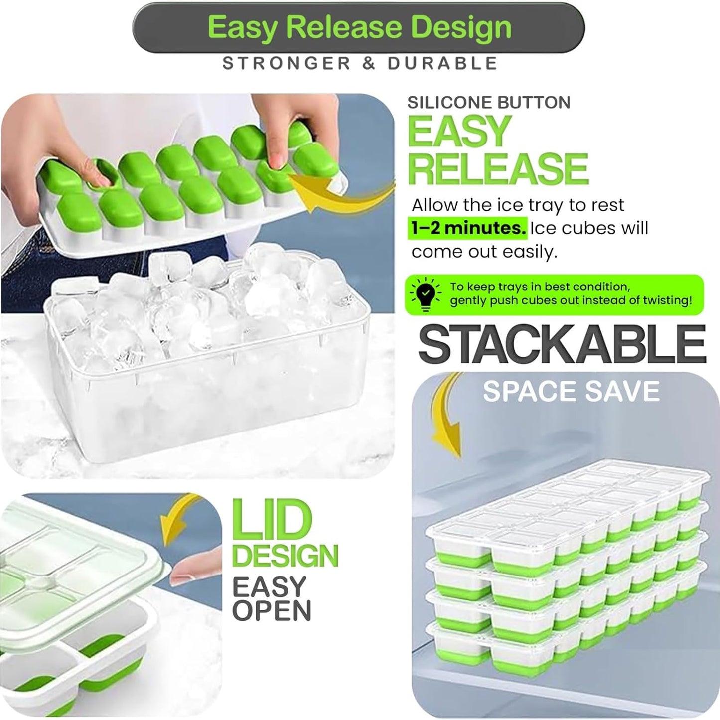 56pcs Ice Cube Tray with Lid and Bin – Stackable 4 Trays Silicone Plastic Freezer Mold, Large Ice Bucket with Scoop, Tong & 2 SS Straws – Easy Release Ice Maker for Cocktail, Coffee, RV, Whiskey