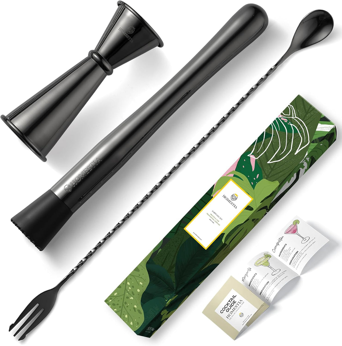 Homestia 3Pcs Gold Muddler for Cocktails Set, 12'' Bar Spoon, Double Jigger - 3pcs + Black