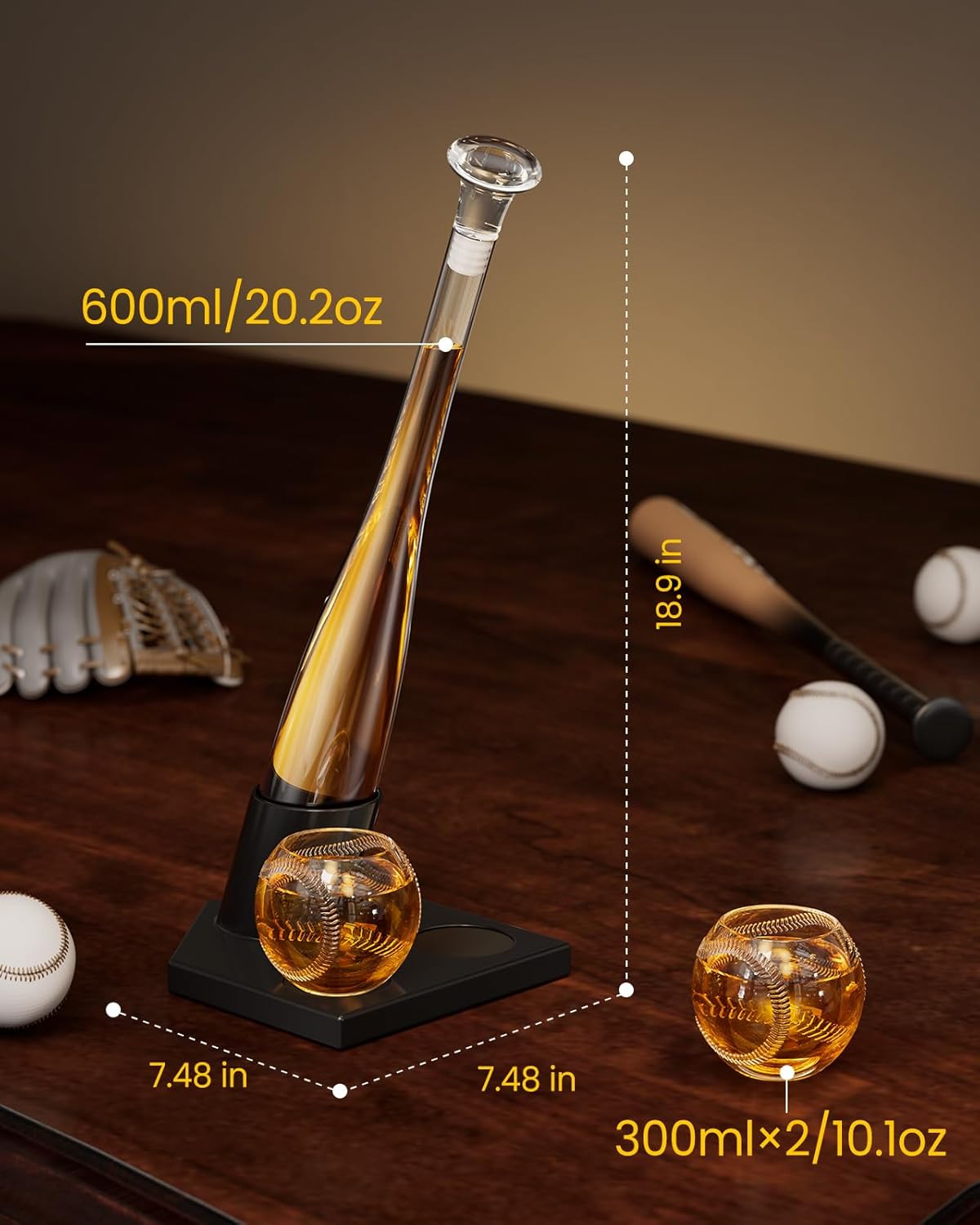 Baseball Gifts for Men, Kollea Whiskey Decanter Sets for Men, 20Oz Baseball Bat Decanter Set with 2 Glasses, Unique Birthday Gift for Dad Him Brother Guys Boyfriend Coach, for Liquor Tequila