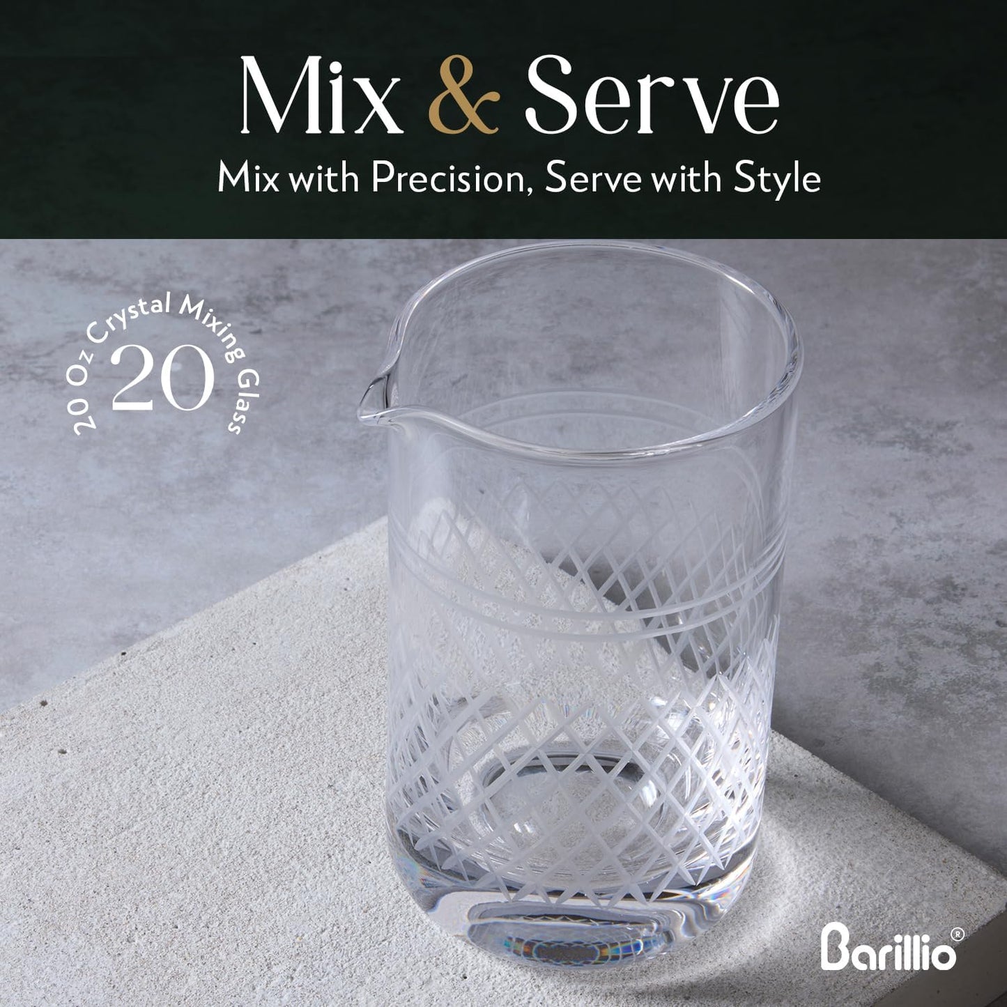 Barillio Crystal Cocktail Mixing Glass - 20 Oz (600 ml) Seamless Weighted With Thick & Sturdy Bottom Cocktail Stirring Pitcher | Old Fashioned Beaker - Bartender Mixology Accessories to Stir Cocktails