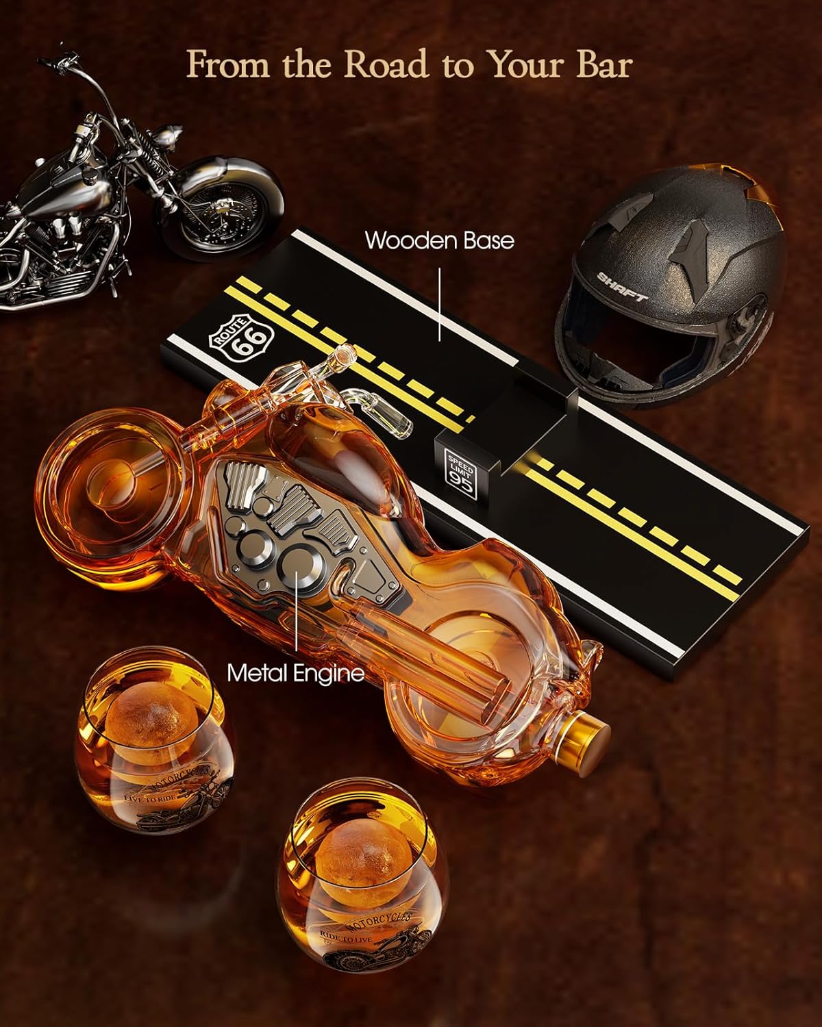 Kollea Birthday Gifts for Men Dad, Motorcycle Whiskey Decanter Set with 2 Glasses, Liquor Dispenser for Home Bar, Unique Gift for Him, Father, Boyfriend, Anniversary, Biker & Motor Lover, Christmas