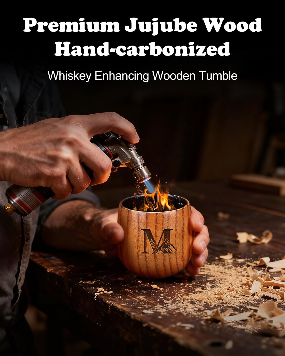 Father's Day for Gifts Wooden Whiskey Glasses Birthday Gifts for Men Personalized Bourbon Drinking Cup Gift for Him Husband dad Friend Charred Custom M Initial 40th 50th 60th 70th gift for anniversary