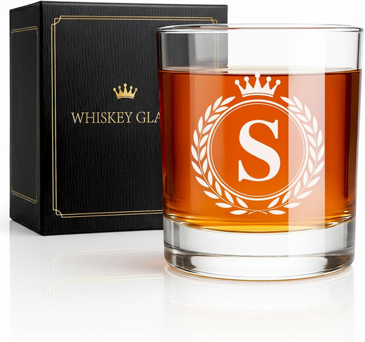 Personalized Whiskey Glasses Gifts for Men, Rocks Old Fashioned Glass, Monogrammed A-Z 10.3 oz Whisky Glasses, Fathers Day Birthday Gift for Him Dad Father Husband Brother Son (S)