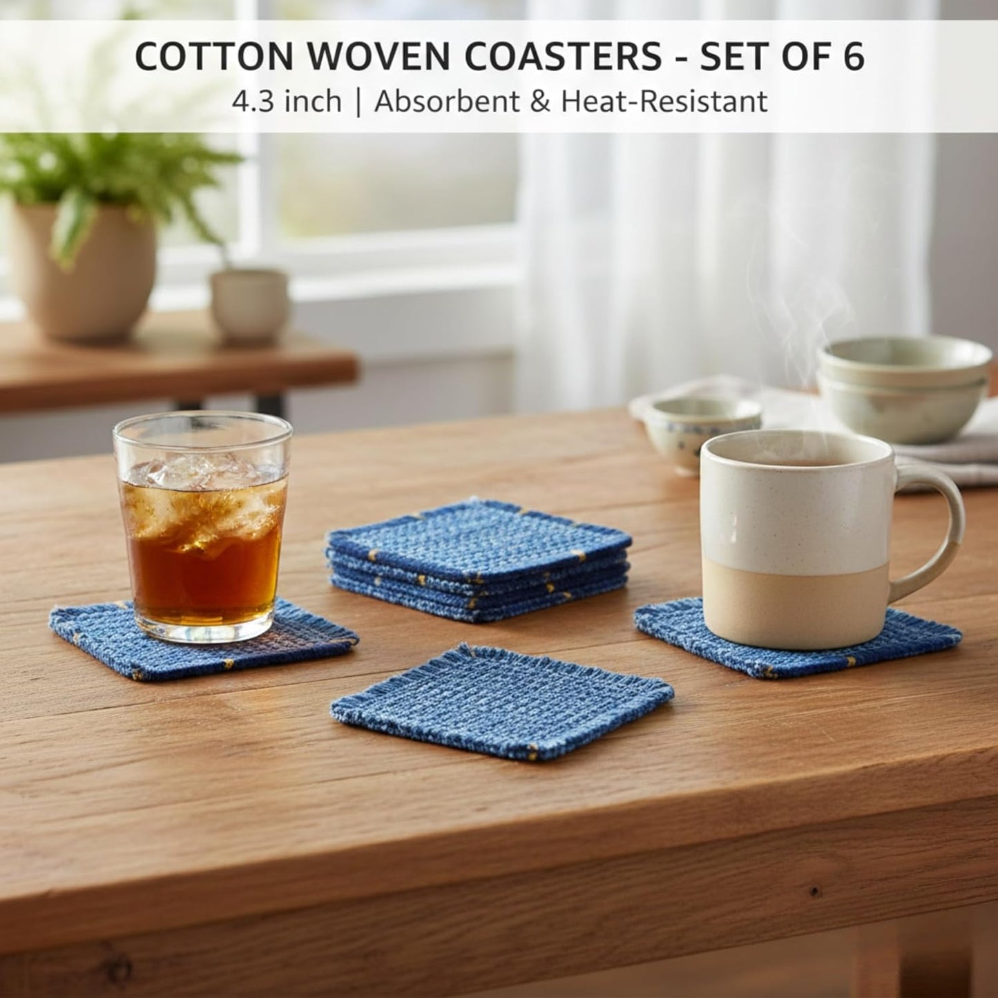Boho Fabric Coasters for Home Decor Set of 6, Handcrafted Cotton Drink Coasters, Coastal Farmhouse Table Decor for Coffee, Tea & Cocktails, Housewarming Gift
