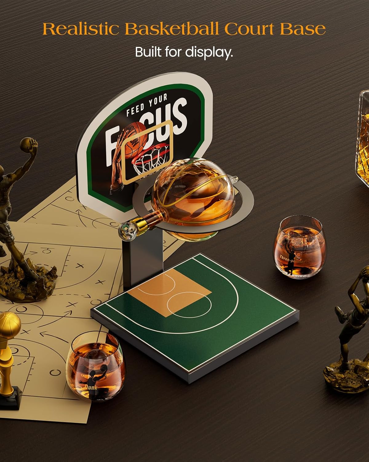 Kollea Basketball Whiskey Decanter Set with Green Court Stand & 2 Glasses, Cool Whiskey Gifts for Men, Dad, Boyfriend, Coach, Basketball Fans - Birthday, Game Day, Christmas, Retirement Gift idea