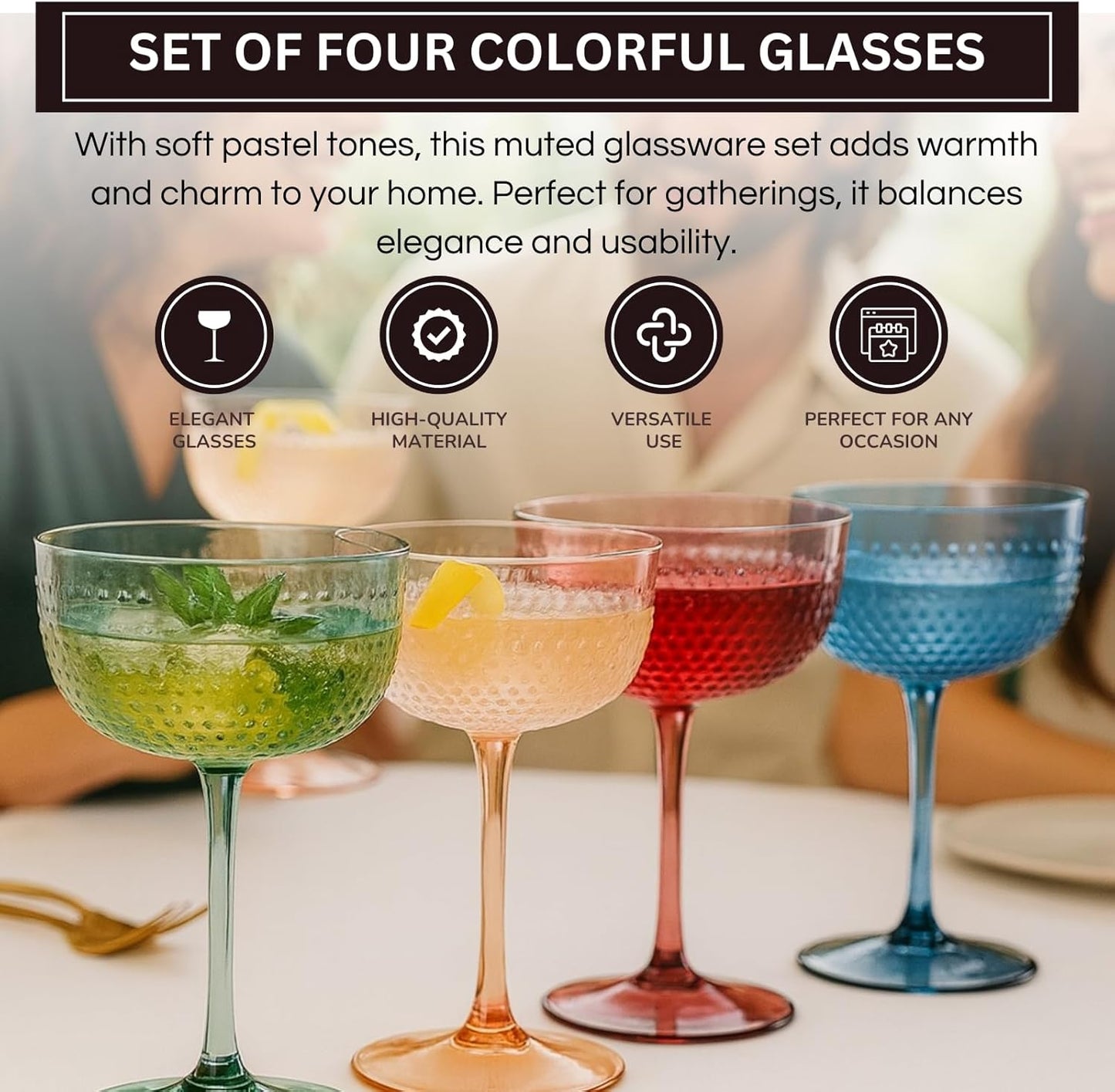 Khen Muted Hobnail Coupes Vintage Textured Pastel Style Cocktail Martini Champagne Saucer Retro Colored Glass Goblets |Set of 4 | 10.15oz Durable Glassware Decorative Barware Classic Party Drink