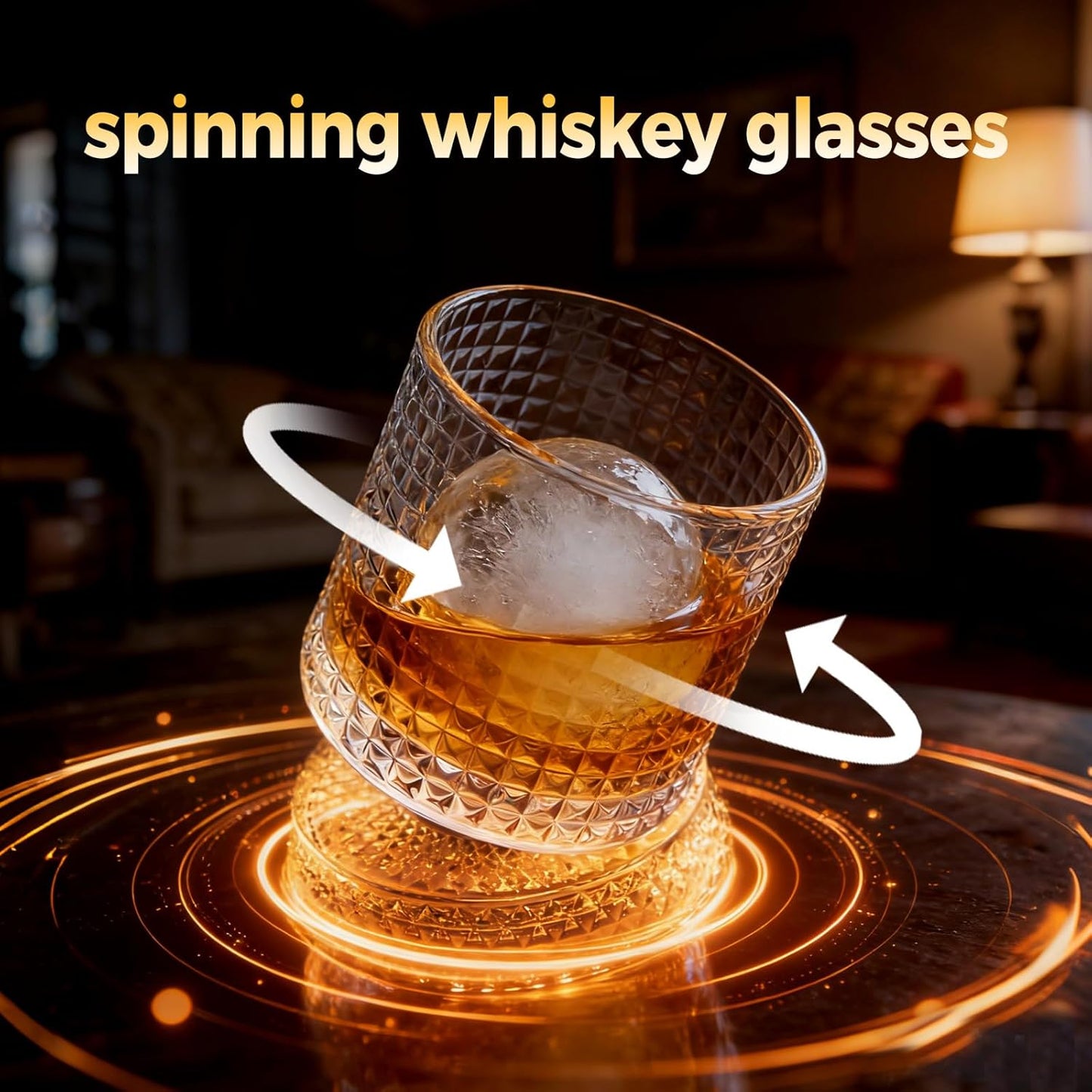 Spinning Whiskey Glass with Ambient Lighting Set, 360 Degree Rotating Crystal Tumbler with Vintage Ribbed Patterns & 4 Color Lighting, Cool Drinking & Bar Accessories (grid pattern)