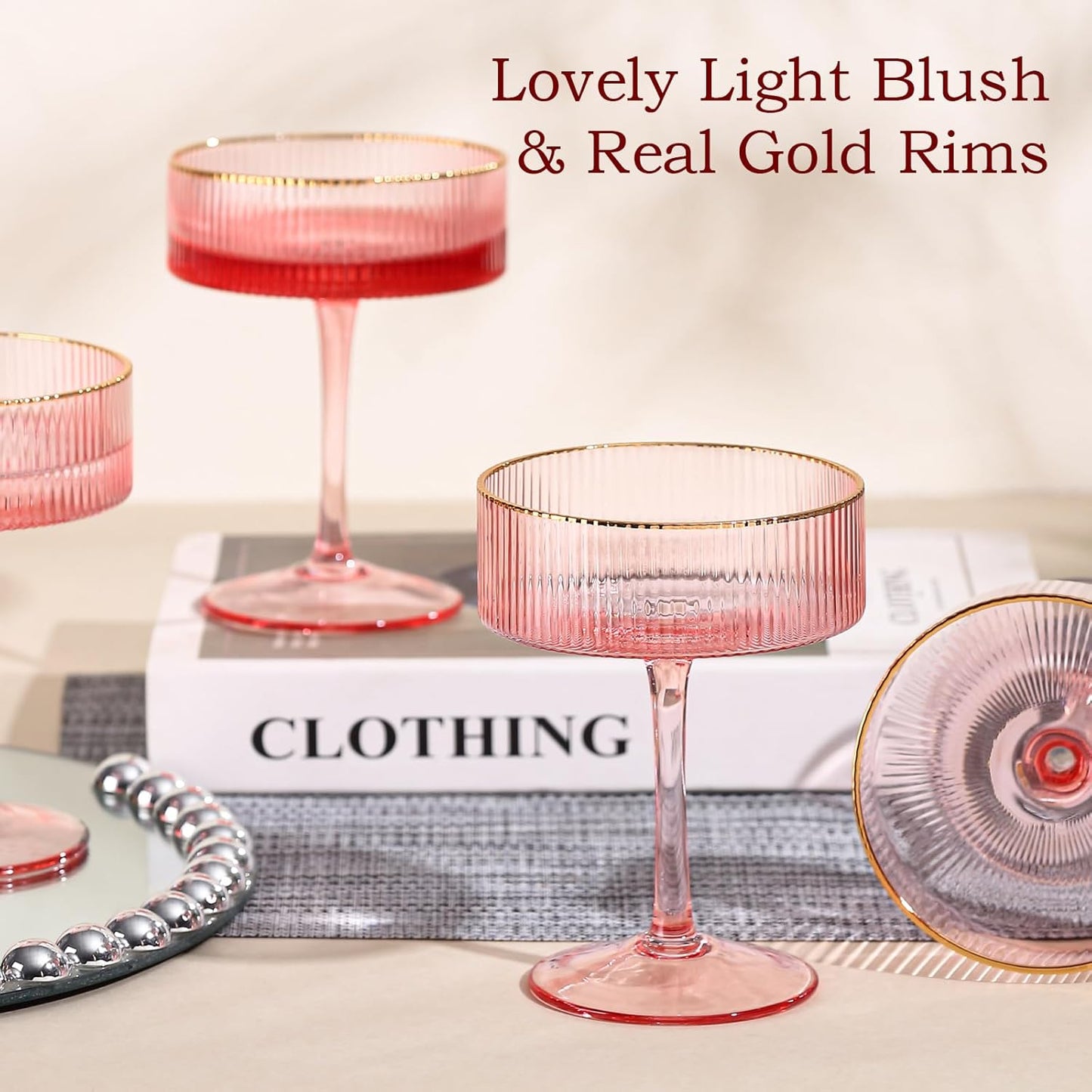 comfit Pink Martini Glasses Set of 4 with Bar Spoon – 10 Oz Espresso Vintage Coupe Ribbed Glasses with Gold Rim for Cocktail Champagne, Ideal Home Bar Gift for Women Mother's Day