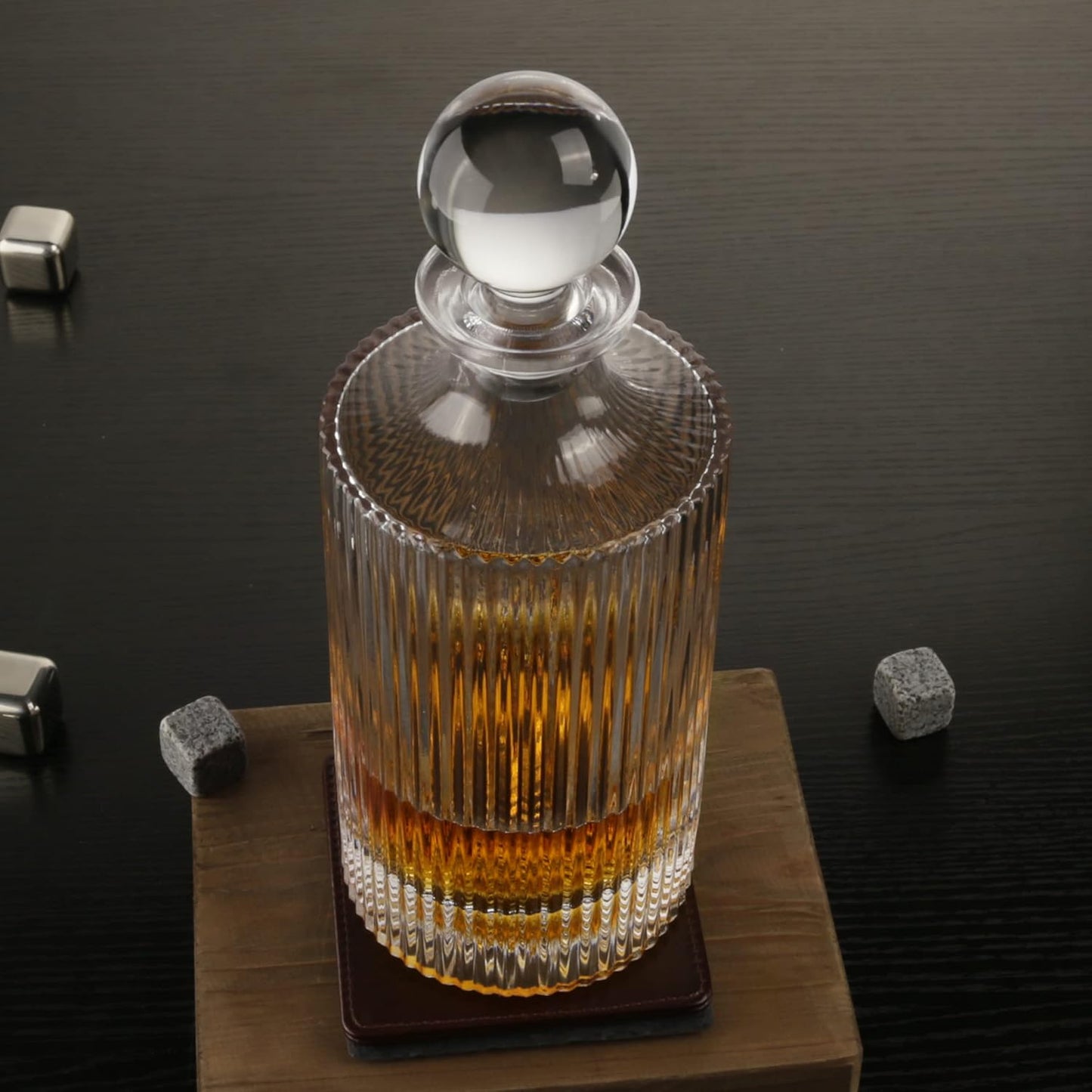 Whiskey Decanter and Glass Stopper 27 oz Round Ribbed Decanter for Whiskey, Bourbon, Brandy, Liquor, and Rum
