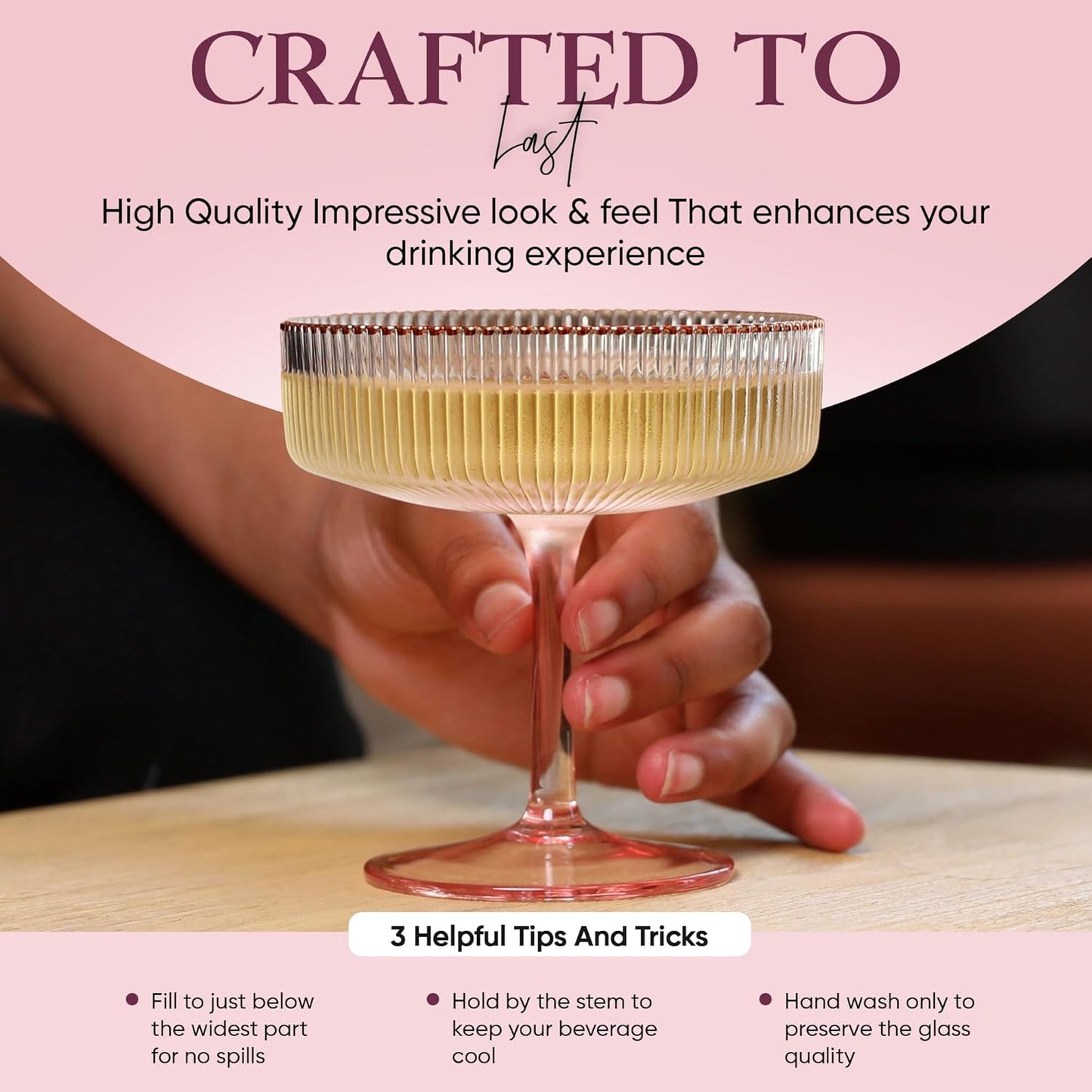 Pink Coupe Glasses Set of 4 Glasses with Rose Gold Rim (8 Oz) Art Deco Coupe Glasses, Ribbed Martini Cocktail Glasses Gift Box, Vintage Champagne Glasses, Espresso Martini Glasses