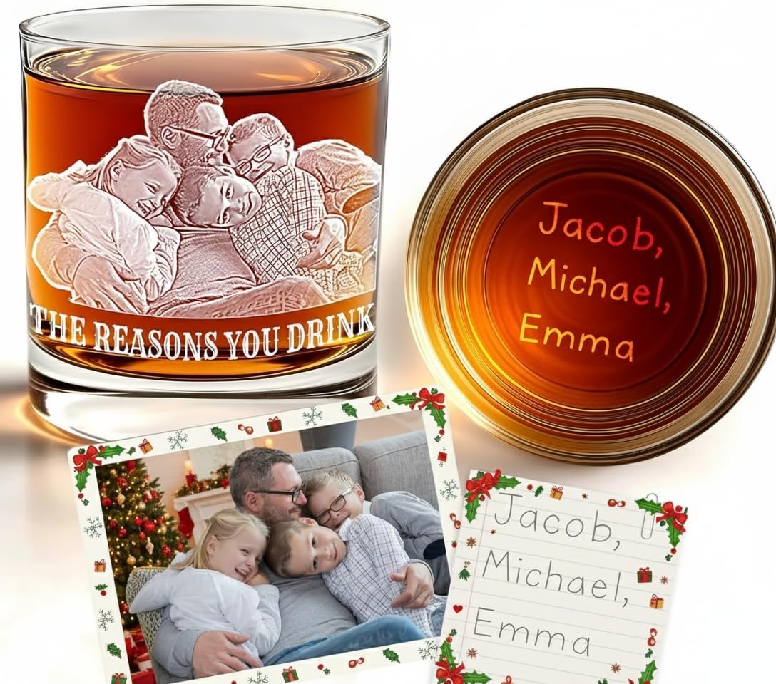 Personalized Whiskey Glasses for Men Dad, 11 Oz Photo Engraved Buorbon Glass, Etched Monogram Whiskey Glassware, Laser Handwriting Drinkware, Custom Birthday Retirement Father's day for Him
