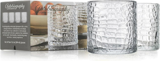 Glaver's DOF Set of 4 Clear 13oz Drinking Glasses Patent Crackle Textured Design Double Old Fashioned Whiskey Glasses Home Everyday Bar Glassware