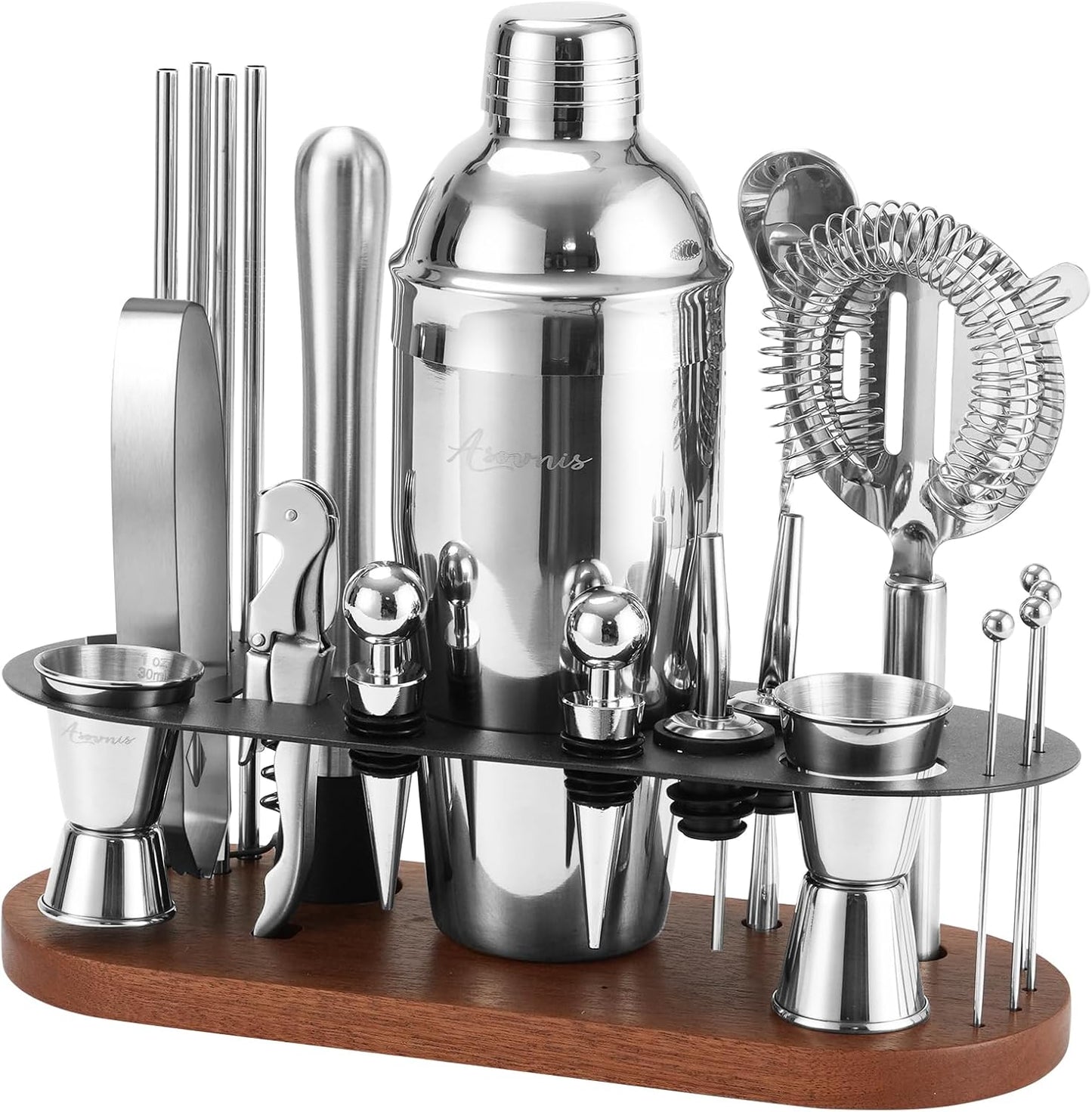23-Piece Bartender Kit, Cocktail Shaker Set with Stand | Bar Set Drink Mixer Set with All Essential Bar Tools: Martini Shaker,Bar Mixer Spoon, Jigger, Strainer, Muddler, Pourers, for Home, Bar, Party