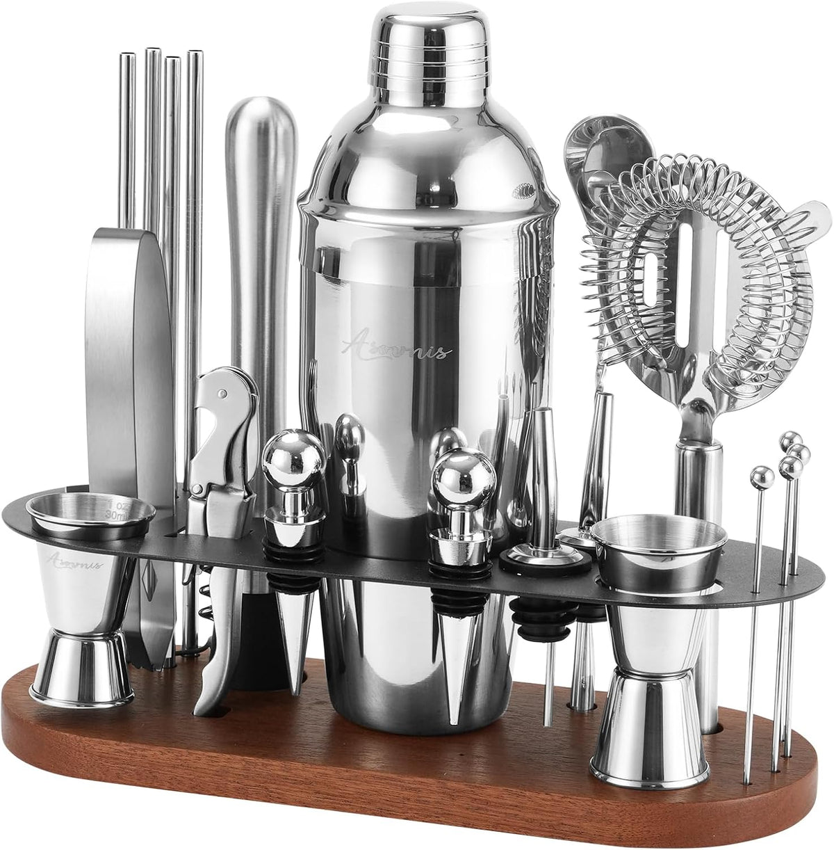 23-Piece Cocktail Shaker Set with Stand, 304 SS, Bartender Kit Gift - brown-y