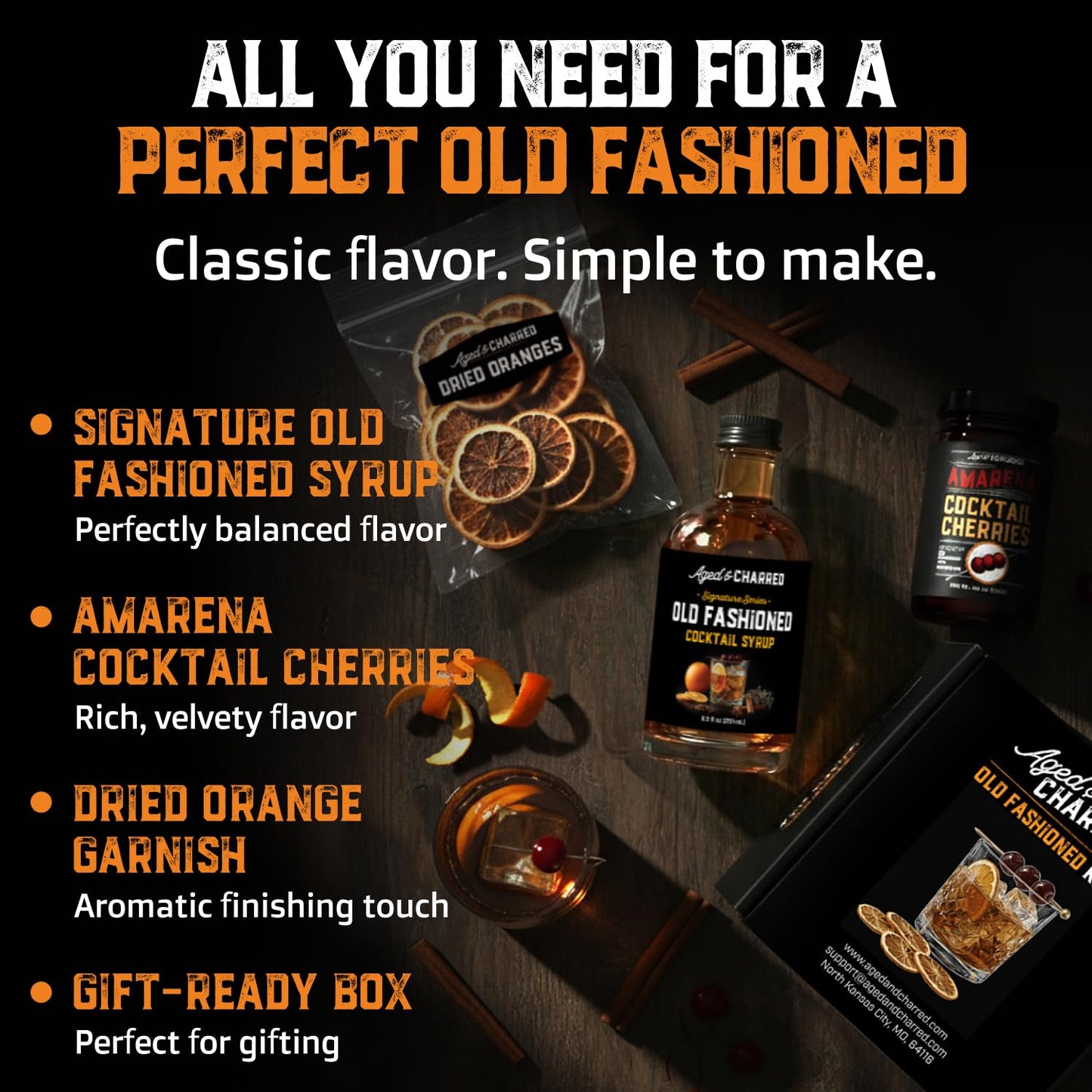 Old Fashioned Bundle Kit Mix - Amarena Cherries, Dried Orange Slices and Old Fashioned Syrup - Gifts for Men Dads