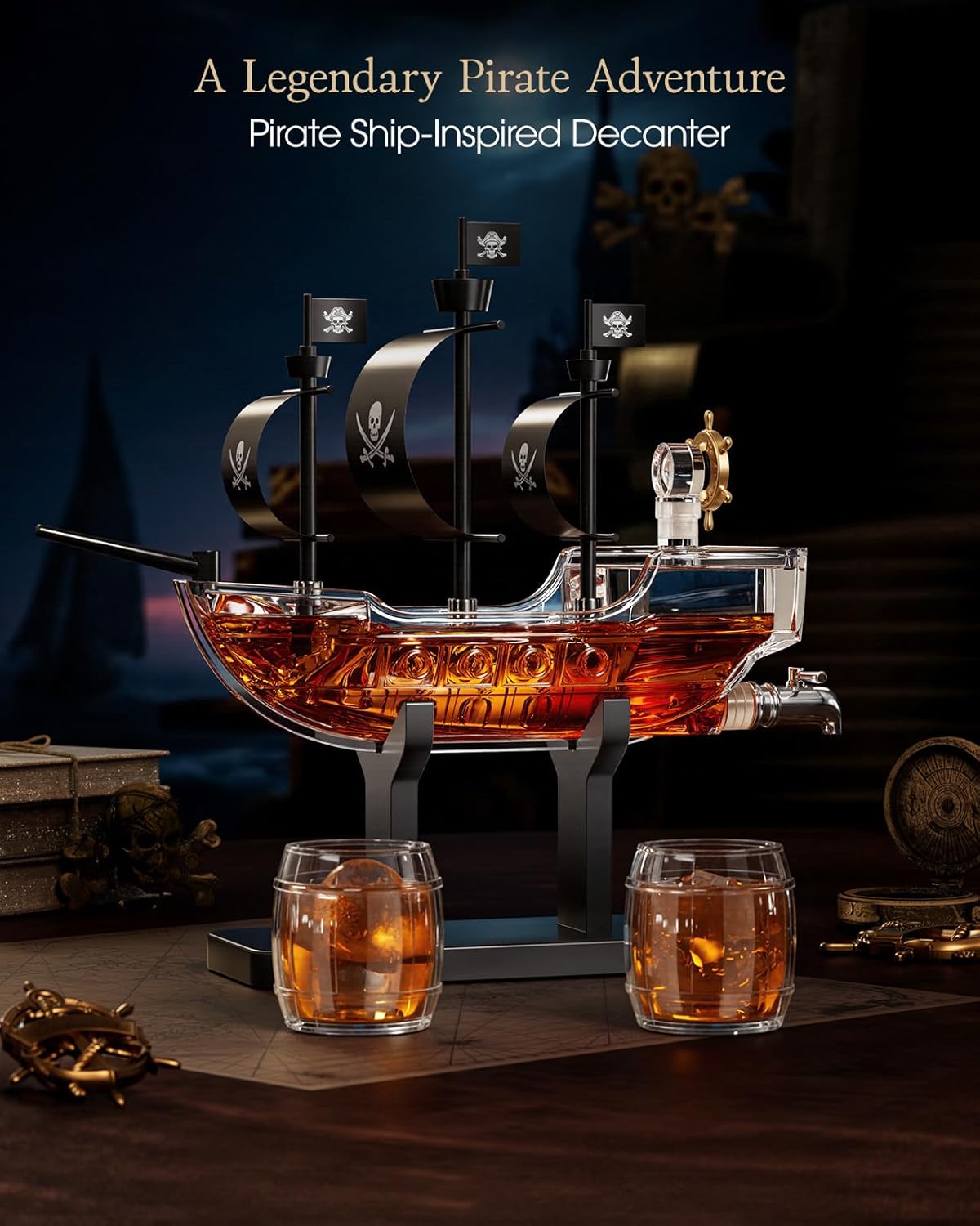 Kollea Birthday Gifts for Men Dad, Pirate Ship Whiskey Decanter Set with 2 Glasses, Liquor Dispenser for Home Bar, Funny Gift Ideas for Him, Husband, Father, Boyfriend, Christmas, Sailor & Captain