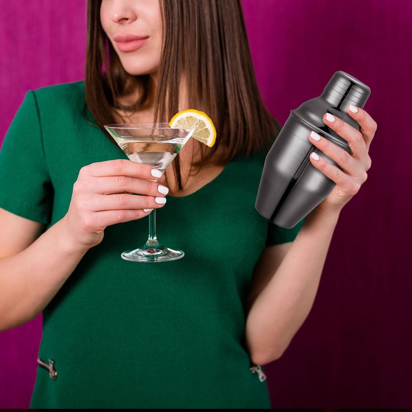 Nitial 6 Pcs Bar Cocktail Shaker Professional Stainless Steel Martini Drink Mixer Built-in Strainer for Bartending No Leaks Shaker for Bar Party Drink Mixer (Black,8 oz)