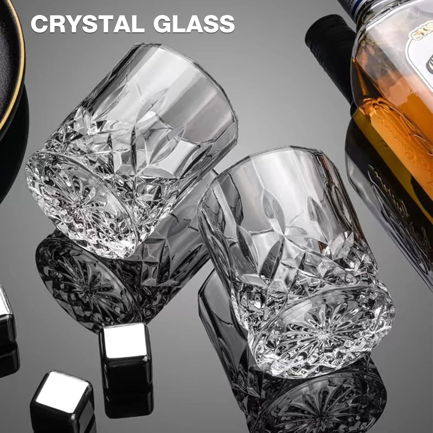 Qipecedm Old Fashioned Whiskey Glasses, Set of 4 (2 Crystal Bourbon Glasses, 2 Round Big Ice Ball Molds) In Gift Box - 11 Oz Rocks Glass, Barware for Scotch Cocktail Rum Vodka Liquor, Gifts for Men