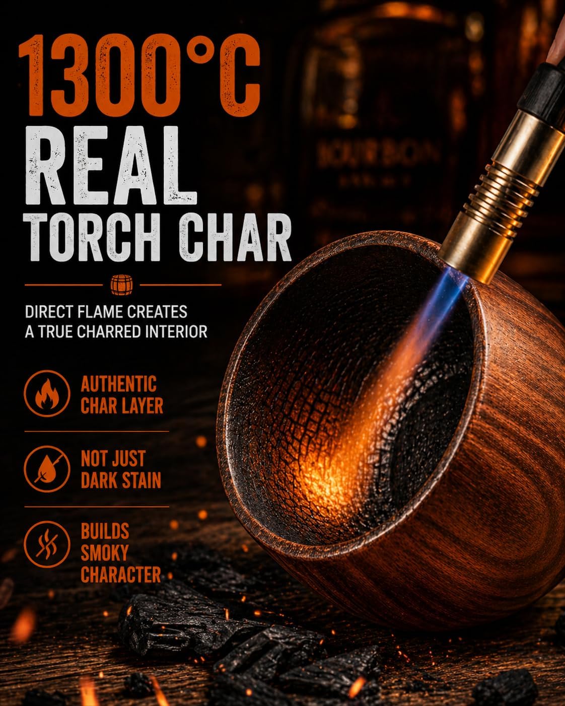 Charred Wooden Bourbon Drinking Glass Set,USA Design 11oz Handcrafted Premium Acacia Whiskey Tumbler, 2 Stones & 1 Ice Ball Molds,Charred Old Fashioned Glass,Unique Bourbon Gifts for (1 Pack Charred)