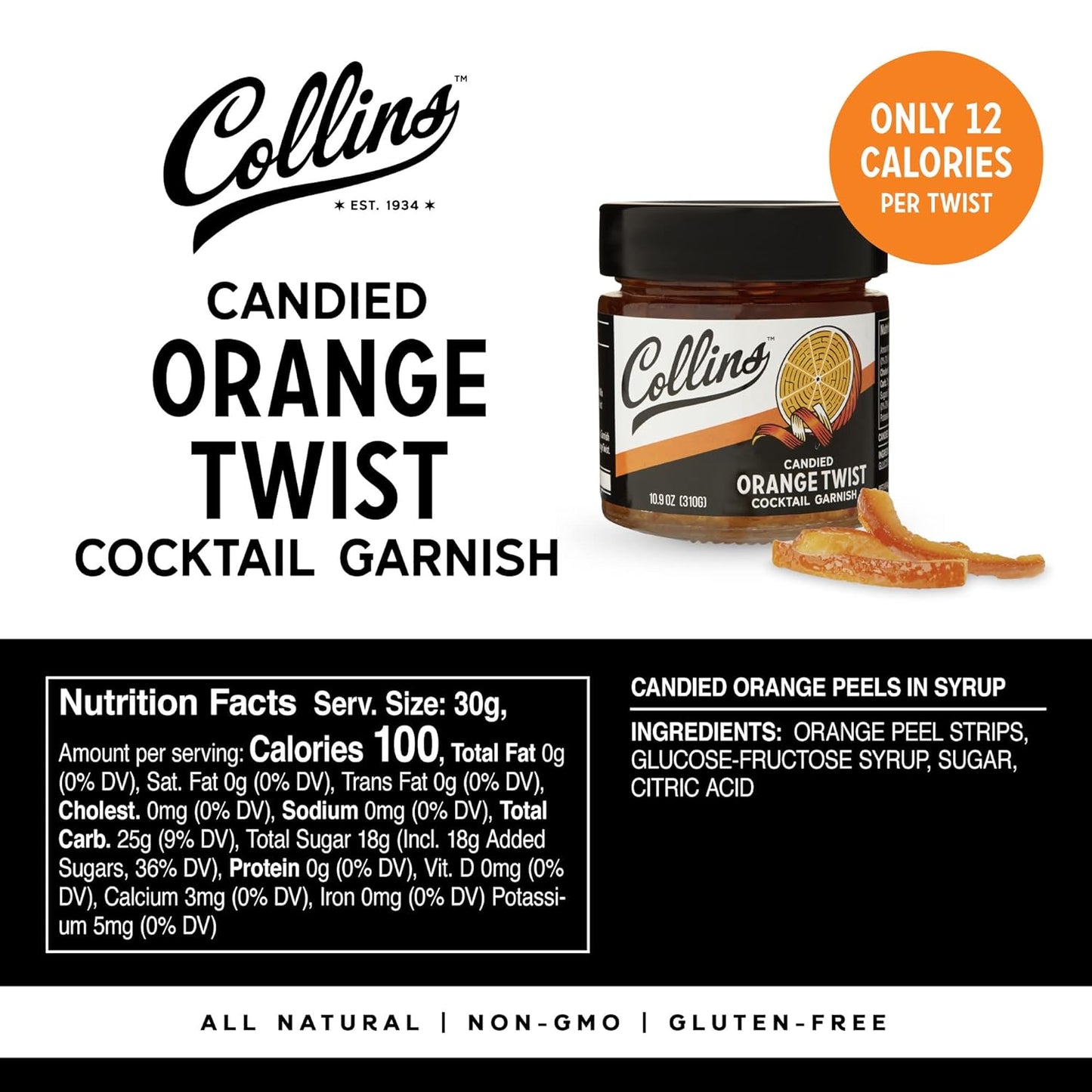 Collins Candied Fruit Orange Peel Twist in Syrup, Popular Cocktail Garnish for Skinny Margarita, Martini, Mojito, Orange Peel for Old Fashioned Drinks, Baking, Desserts, Salad, 10.9 oz