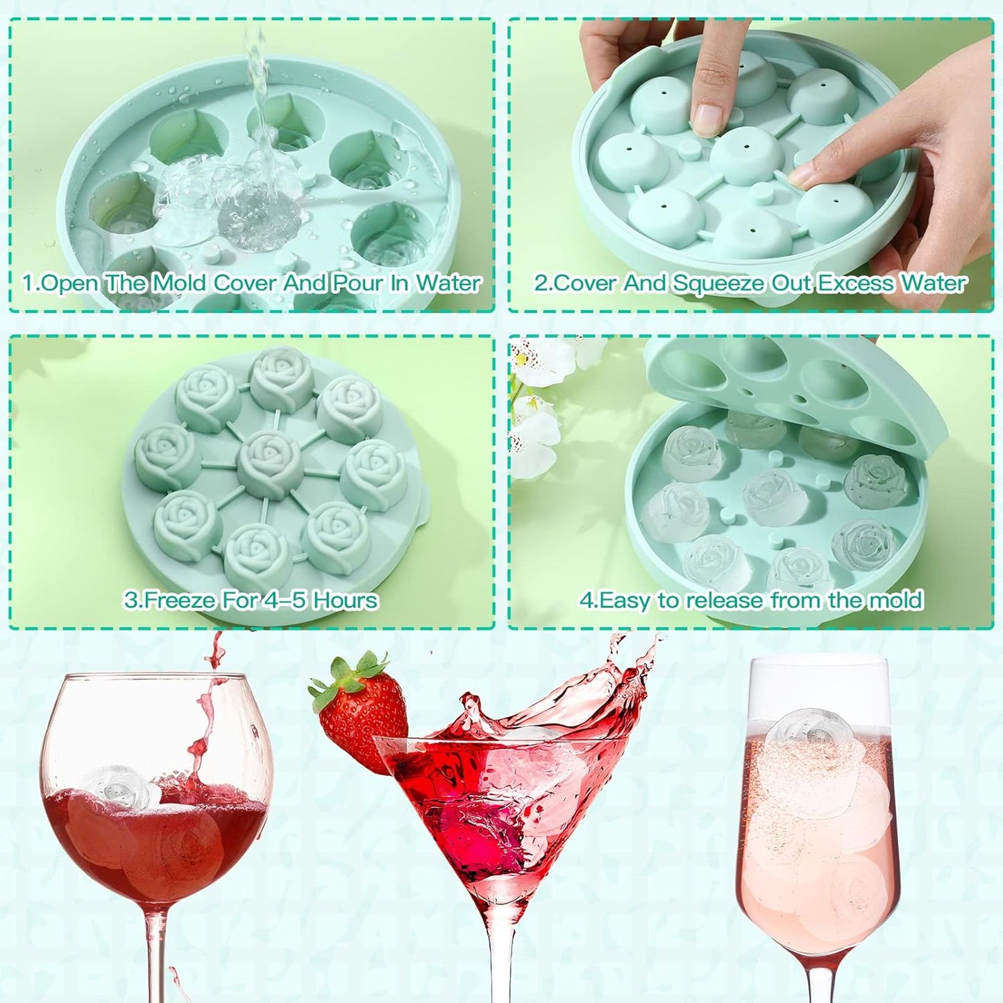 Hsei 2 Pieces 3D Rose Ice Mold 1.4 Inch Silicone Flower Ice Cube Trays Rose Silicone Mold for Freezer Whiskey Wine Cocktails Juice Bourbon Mimosas, Dishwasher Safe, Pink, Green