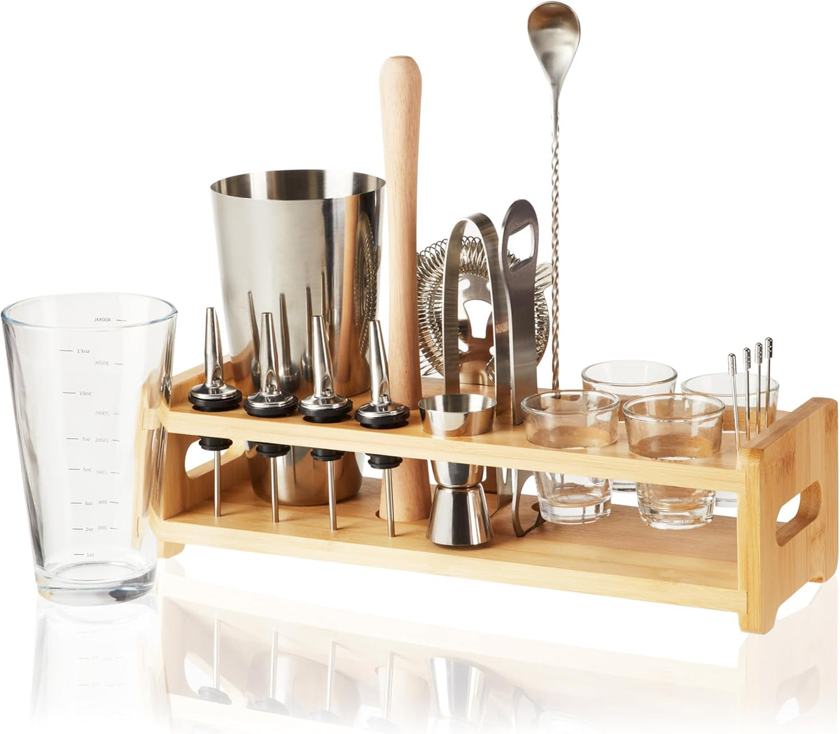 True 20-Piece Cocktail Shaker Bar Set with Wooden Stand Includes Boston Shaker, Mixing Glass, Muddler, Jigger, Strainer, Bartender Kit for Mixed Drinks, Cold Brew Cocktails, Home Bar Tools - 20-Piece