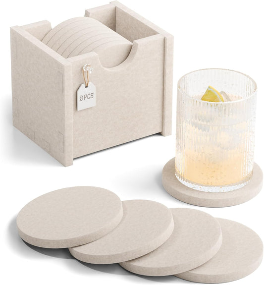 Fluxynara Felt Coasters for Drinks, Set of 8 Absorbent Coasters with Holder, Heat-Resistant & Reusable Round Design for Coffee Table & Living Room, 3.92 Inch, Oatmeal
