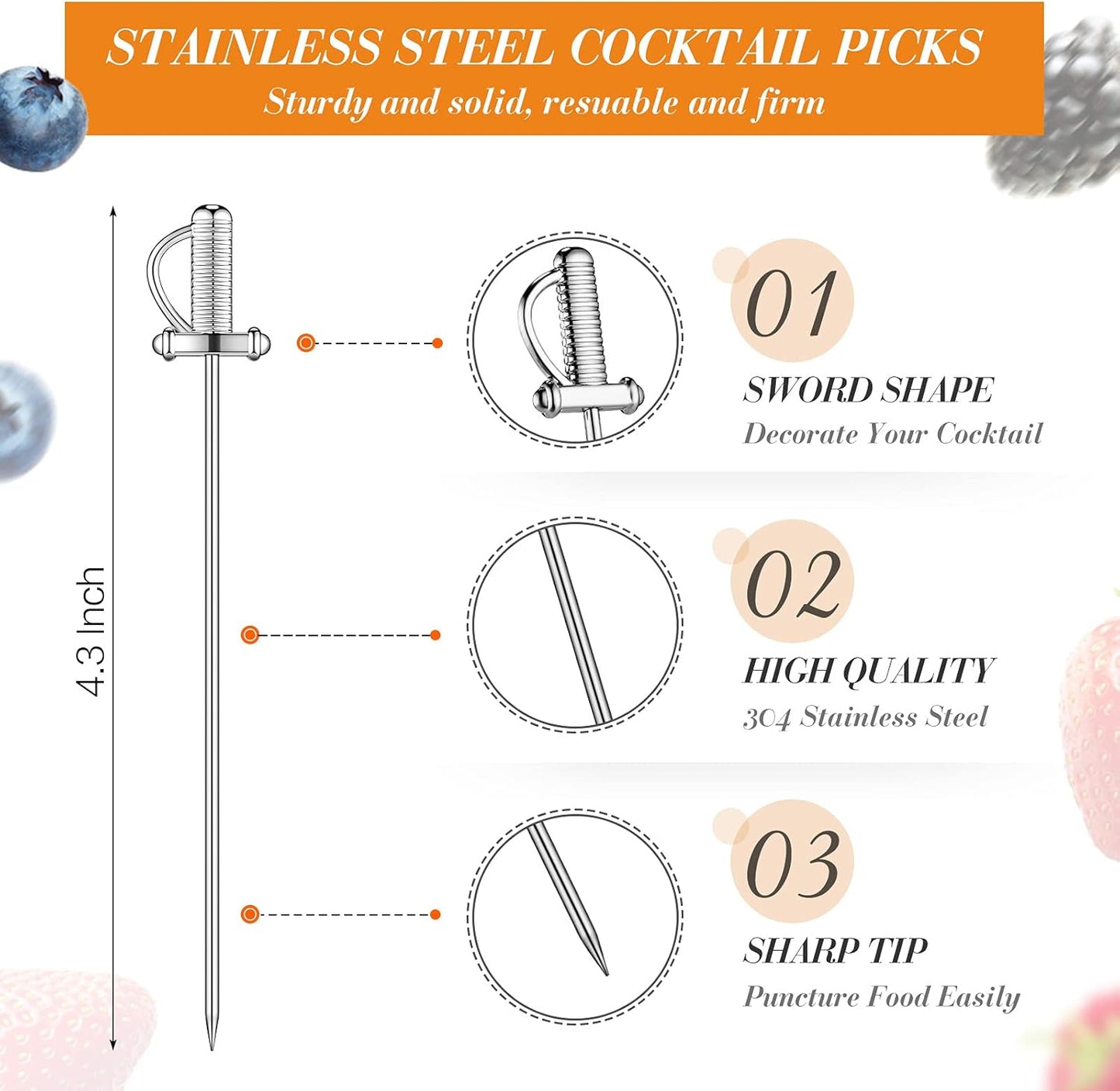 10 Pieces Stainless Steel Cocktail Picks Toothpicks 4.3 Inch Sword Metal Martini Drink Pick Sticks Appetizer Resuable Skewers Food Fruit Cocktail Toothpicks for Birthday Wedding Beach (Silver)