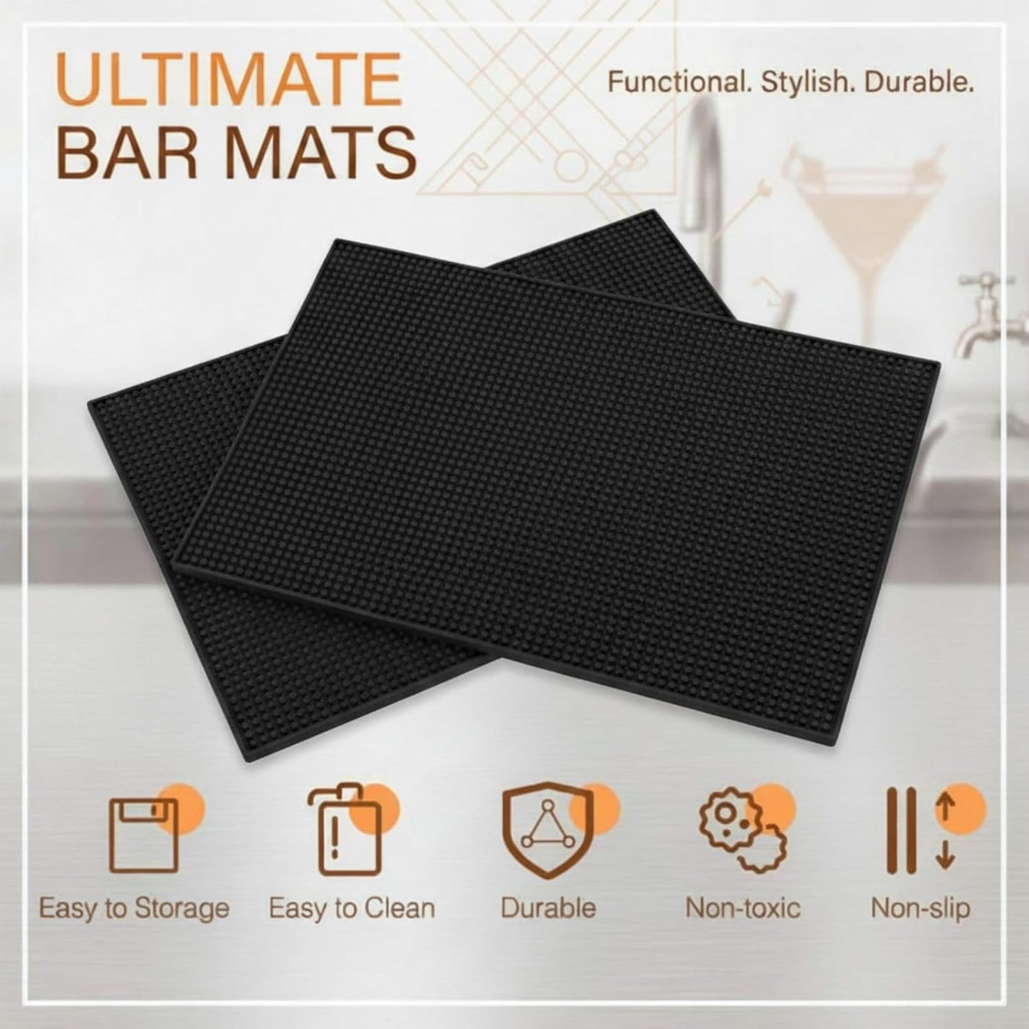Tioncy 6 Pcs Bar Mat for Countertop 18 x 12 Inch Non Slip Cocktail Rubber Coffee Bar Service Mat for Bartending Hot Dishes Restaurants Barbershop Clippers Hot Pads, Black
