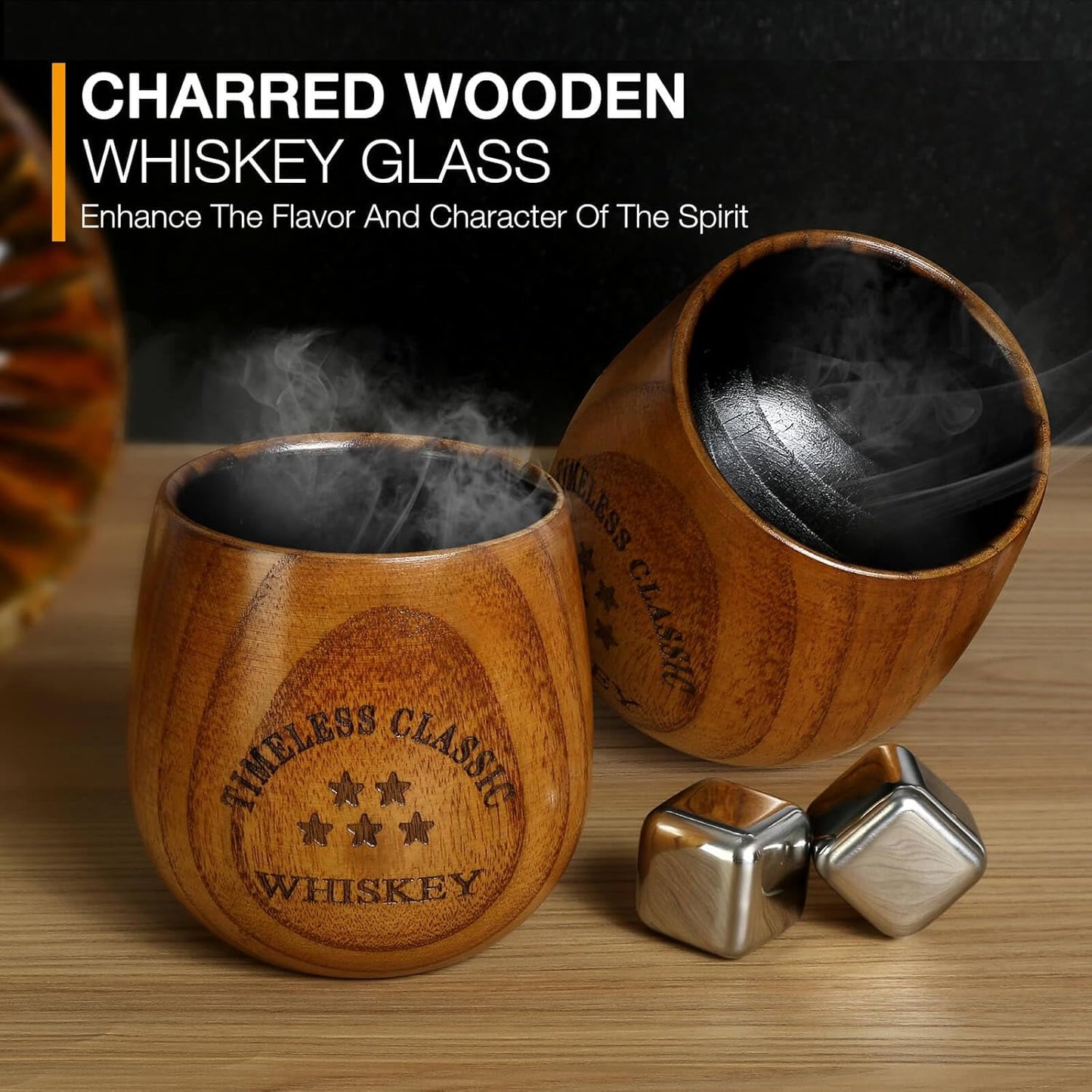 SALUNA Wooden Whiskey Glass Set - Charred Wooden Bourbon Drinking Glass, Whisky Glasses Bourbon Gifts for Men, Dad or Brother on Birthday Christmas Anniversary Retirement 10 OZ