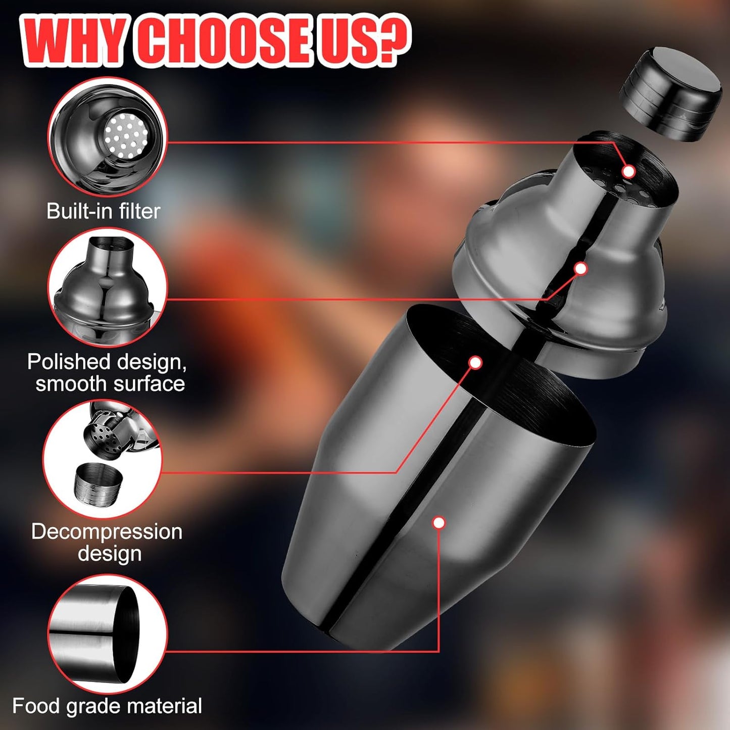 Nitial 9 Pcs Bar Cocktail Shaker Professional Stainless Steel Martini Drink Mixer Built-in Strainer for Bartending No Leaks Boston Shaker for Bar Party Drink Tool (Black,8 oz)