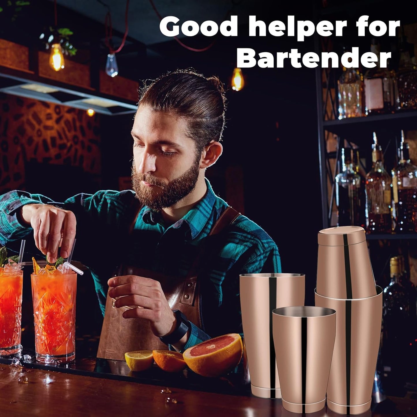 Sabary 6 Pcs Cocktail Shakers Professional Bar Shaker Boston Set Stainless Steel Martini Drink Mixer Basic Tool Weighted Shake Metal Can Cocktail Shaker Set, 18 Oz, 28 oz (Bronze)