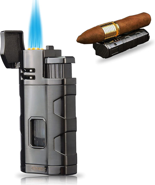 Metal Lighter Triple Jet Flame Refillable Butane Cigar Lighter Windproof Lighters with Cigar Punch Rest Holder - Butane Not Included (Gunmetal)