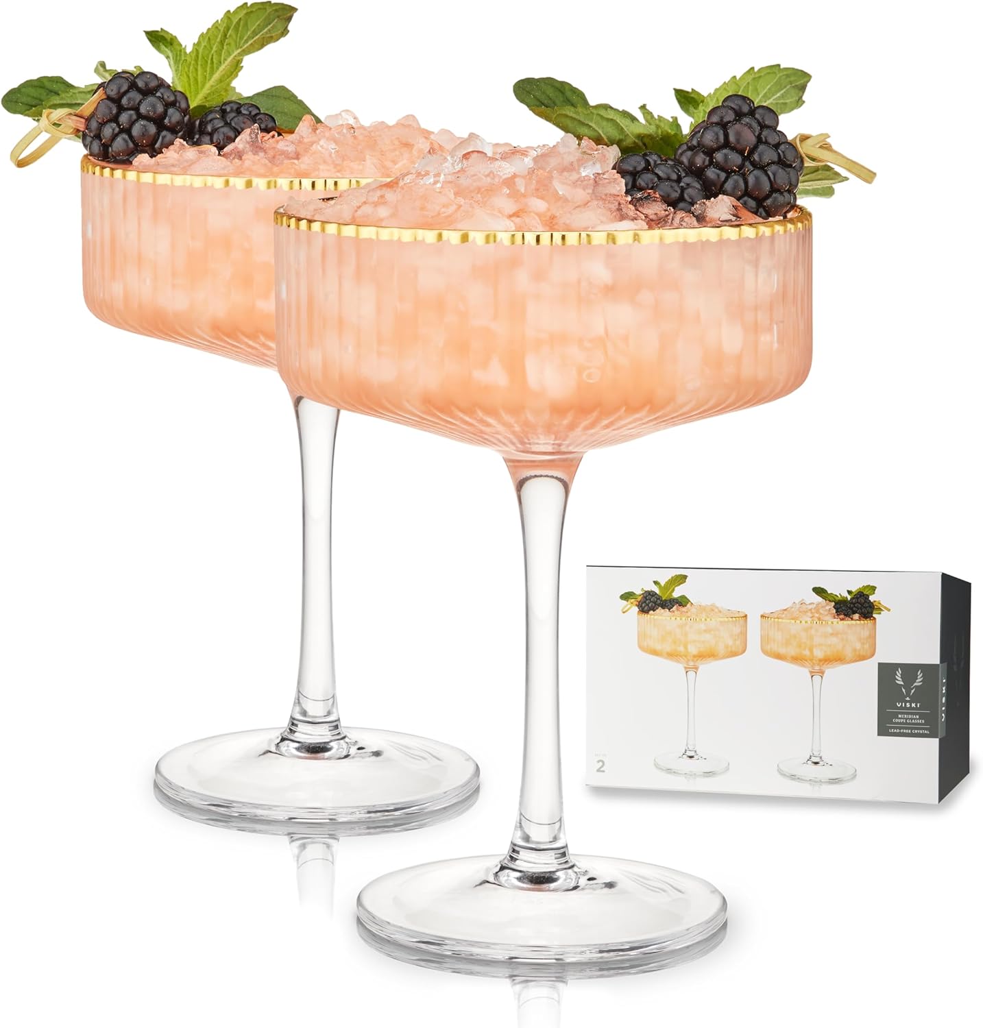Viski Meridian Vintage Coupe Glasses, Art Deco Champagne Coupe Glassware, Gold Rimmed Stemmed Drinkware Set of 2, 11.5 oz