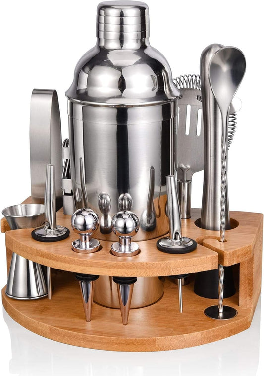 Cocktail Shaker Set with Bamboo Stand, 12-Piece 25oz Stainless Steel Bartender Kit, Martini & Margarita Bar Tools for Home Bar, Drink Mixer Set, Housewarming Gift, Silver - Silver