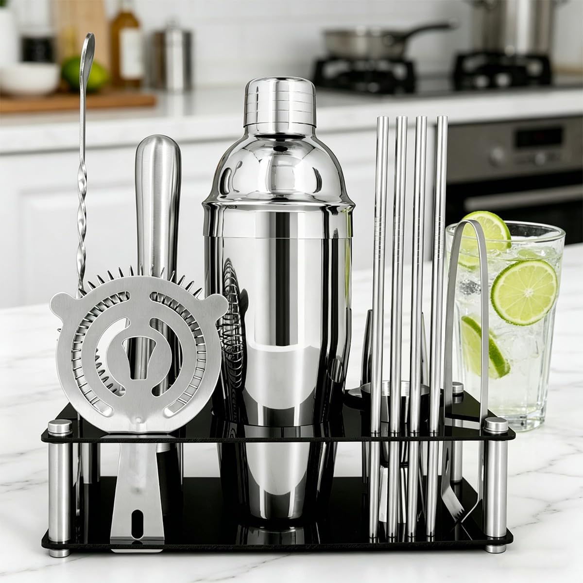 14-Piece Cocktail Shaker Set Bartender Kit with Black Stand, Bar Tool Set for Drink Mixing Bartending Kit Bar Sets Accessories: 750ml(25oz) Shaker, Jigger, Muddler, Cocktail Recipes (Silver)